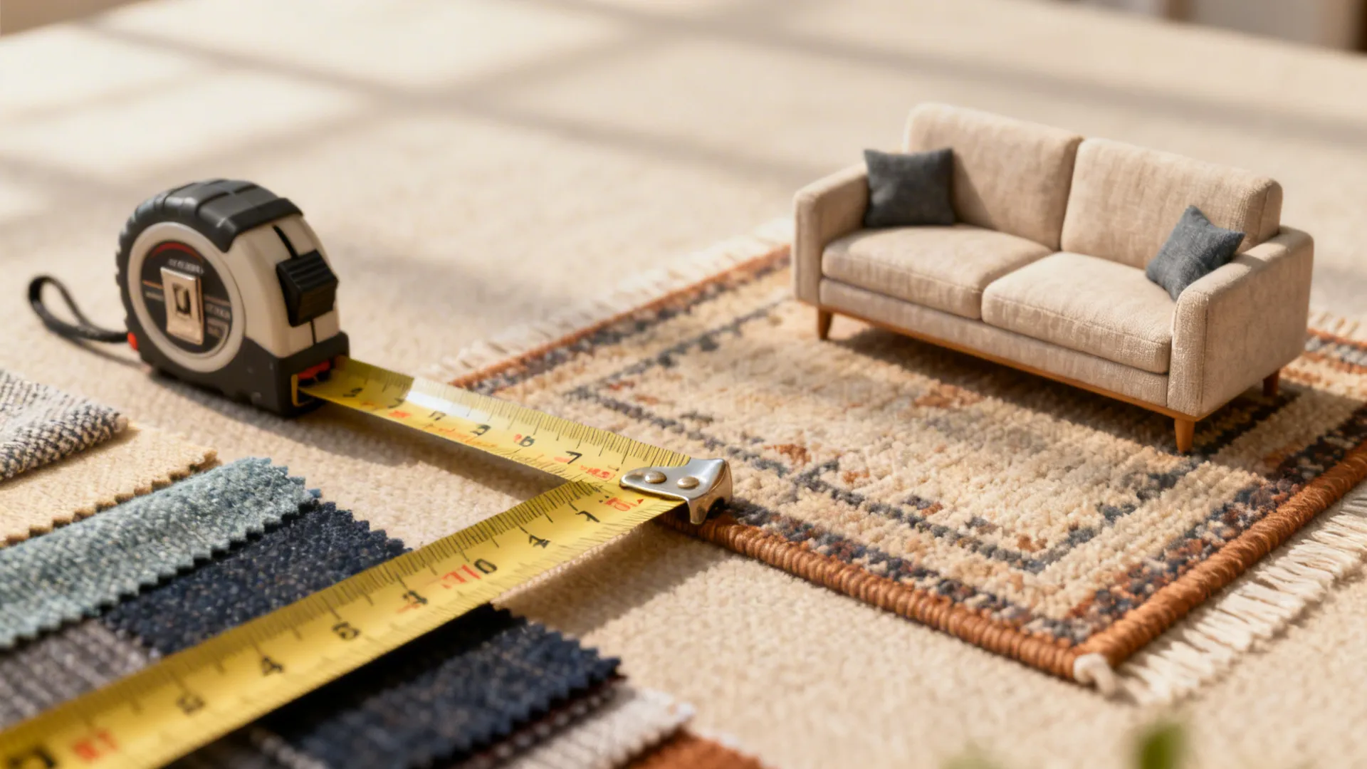 Measuring tape, fabric swatches and miniature furniture model illustrating space planning tips