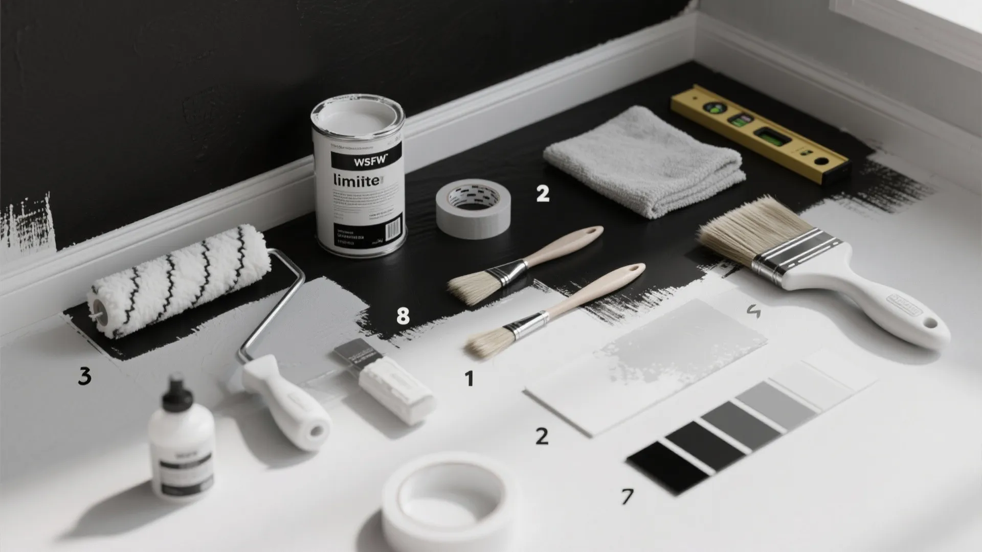 Painting tools including paint roller brushes tape and color swatches for an interior wall project