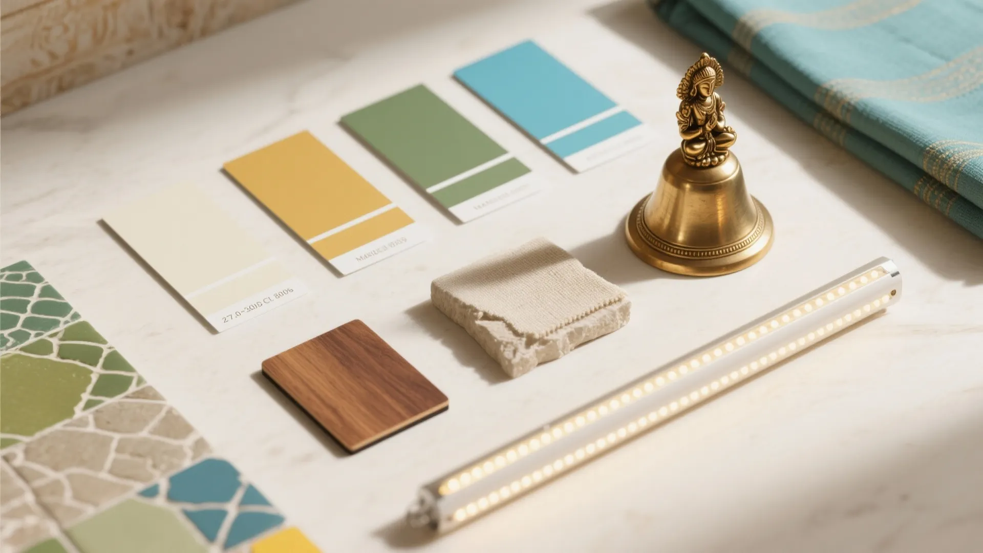 Interior design mood board with color samples brass bell wood piece and long light fixture