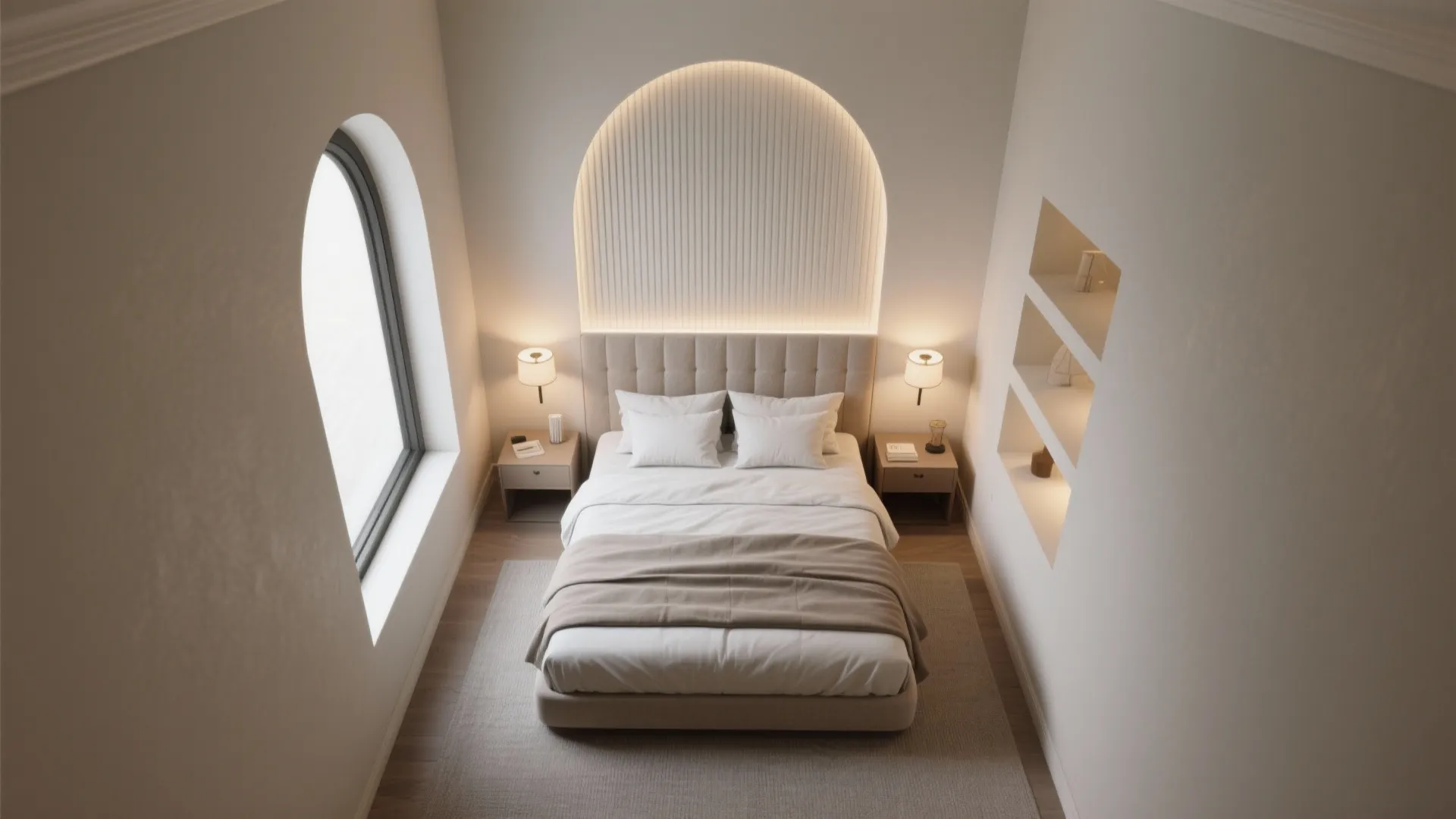 High angle view of a small bedroom with arched wall panel, bedside tables, and windows