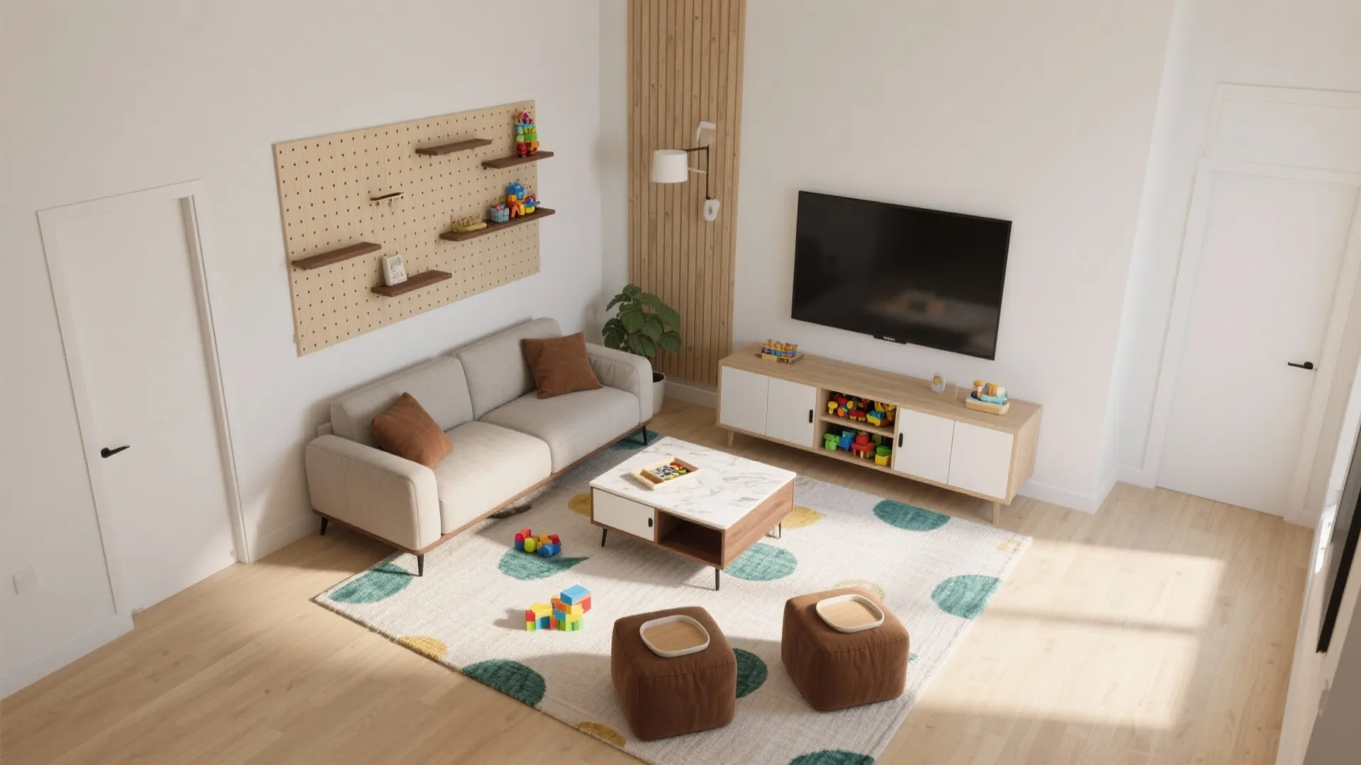 Top-down overview shows sofa and TV axis, play rug corner, vertical storage, and clear pathways.