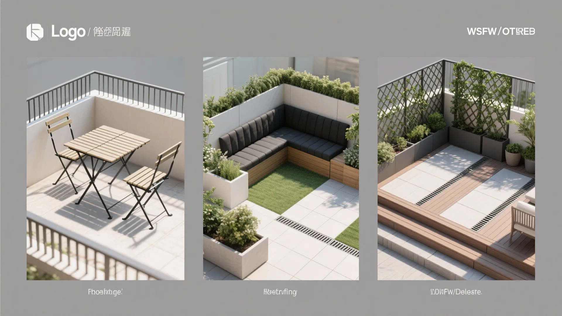 Top-down vignettes showing balcony layouts: rail table with foldables, L-bench with clearance, privacy planters, and deck tile drainage.