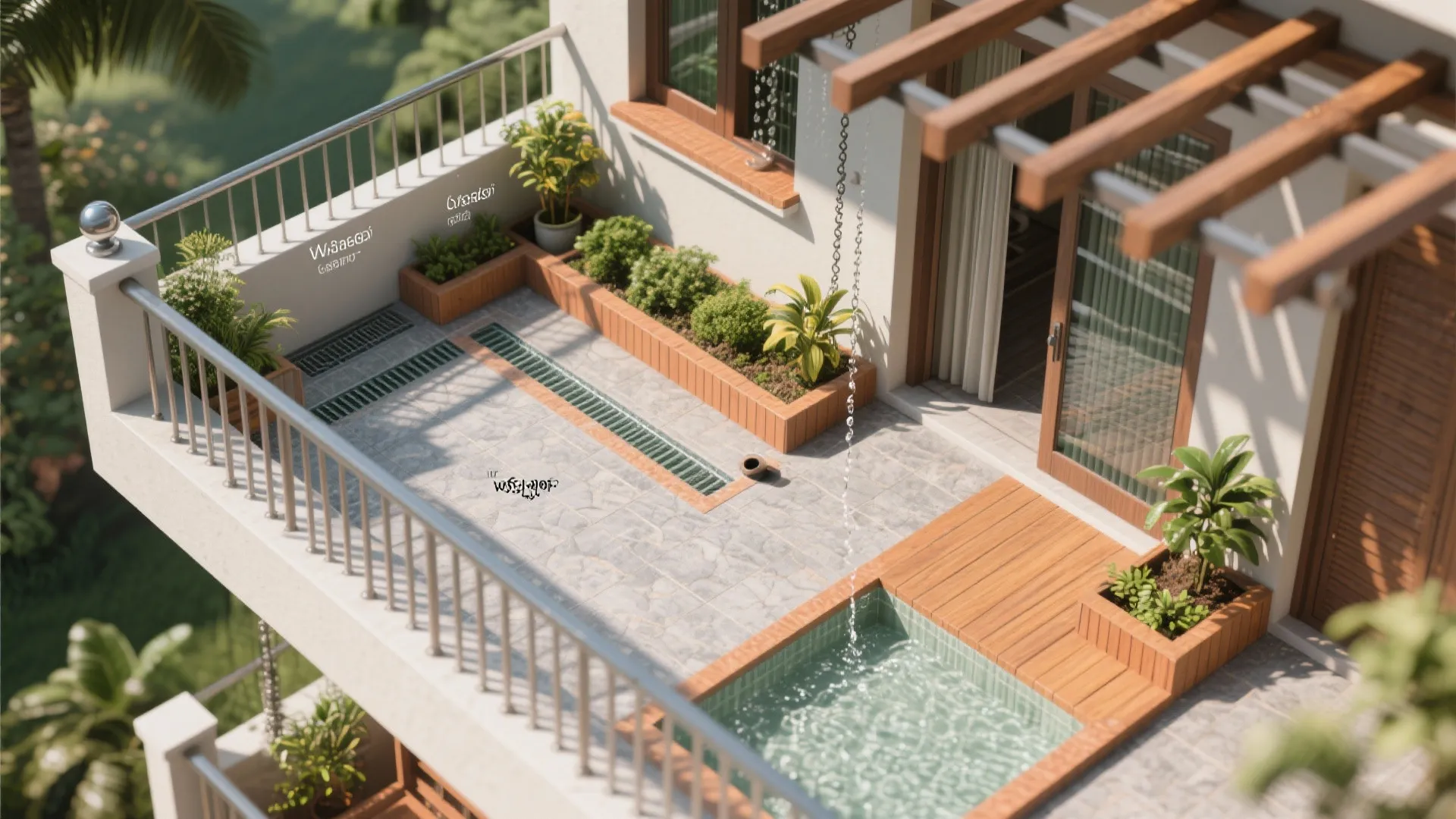 Modern balcony design with a small pool grey stone tiles green plants and wooden floor