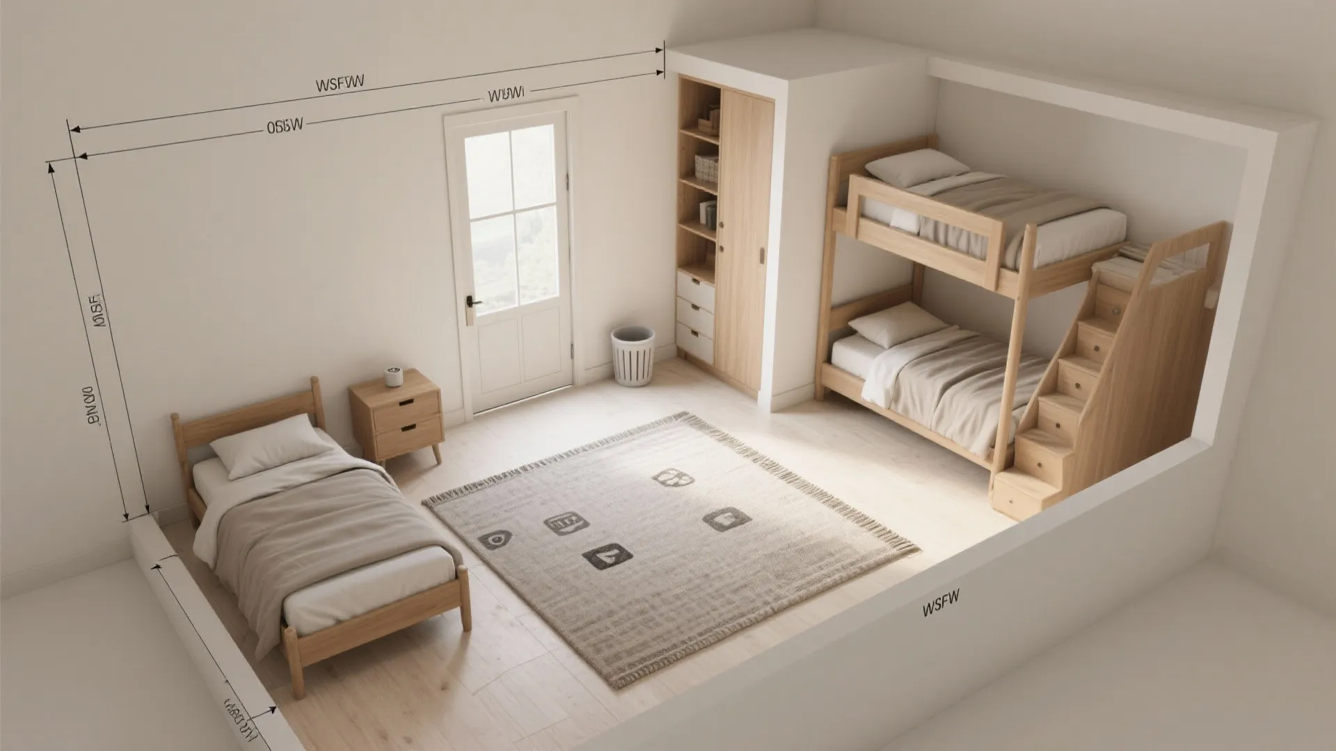 Bedroom interior design drawing showing bunk beds single bed area rug and room layout dimensions
