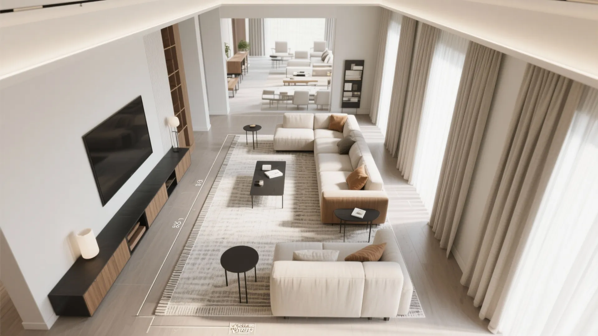 Top down interior design drawing showing a large living room with sofa and television set