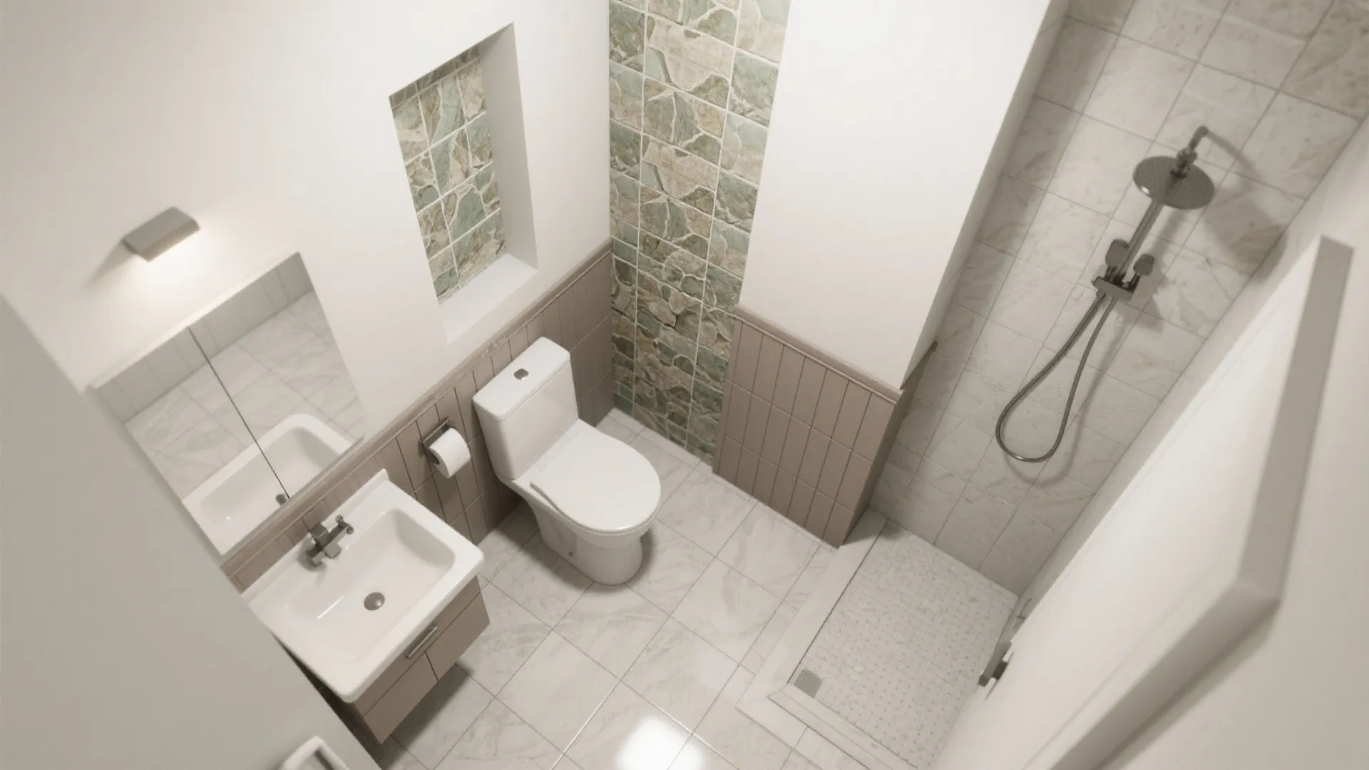 Top down interior design drawing of a bathroom with sink toilet shower and green wall tiles