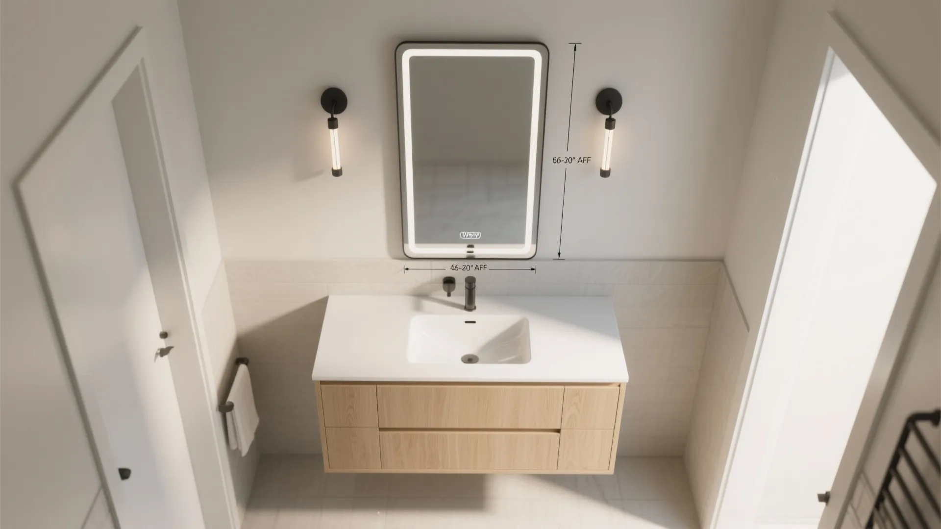 Top-down view of bathroom vanity with wood cabinet white sink wall lights and dimension lines