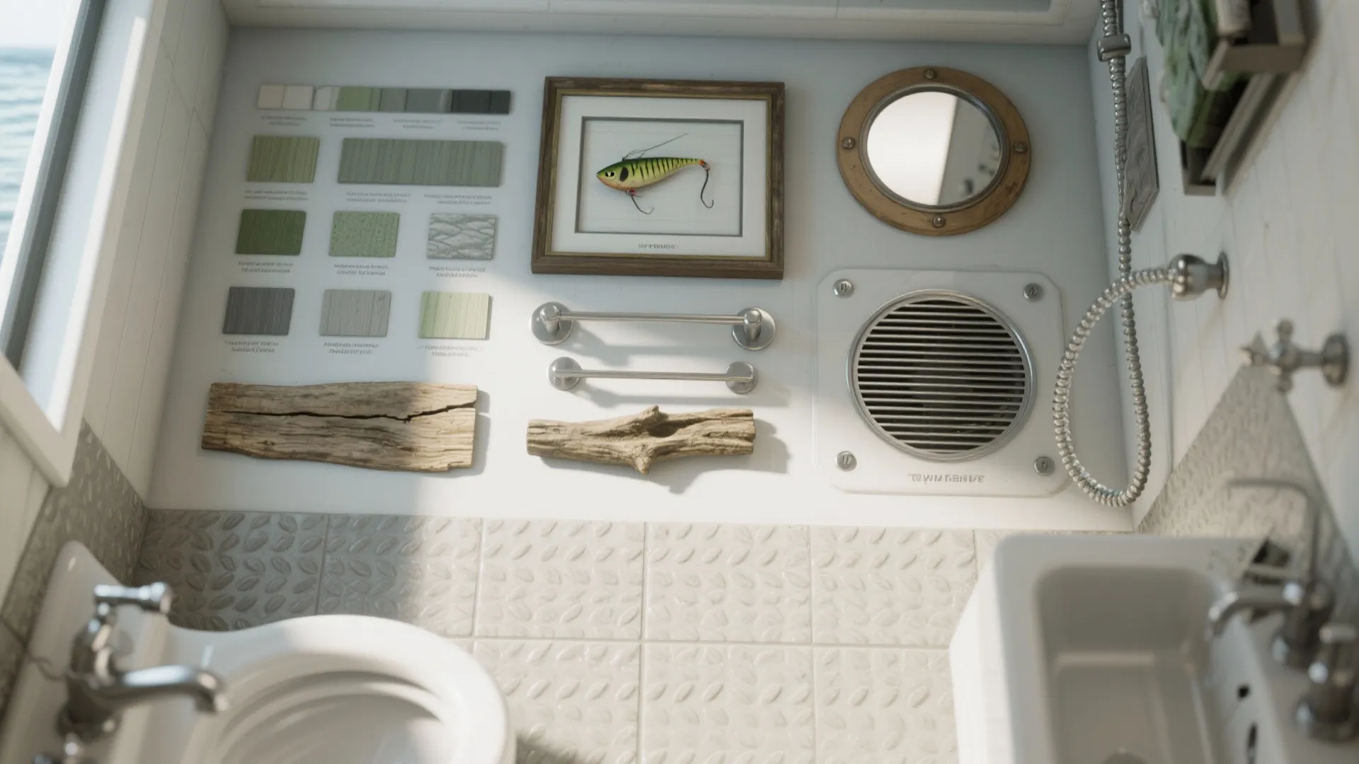 Top-down materials and safety checklist for fishing bathroom: palette swatches, anti-slip tile, stainless hardware, and exhaust fan.