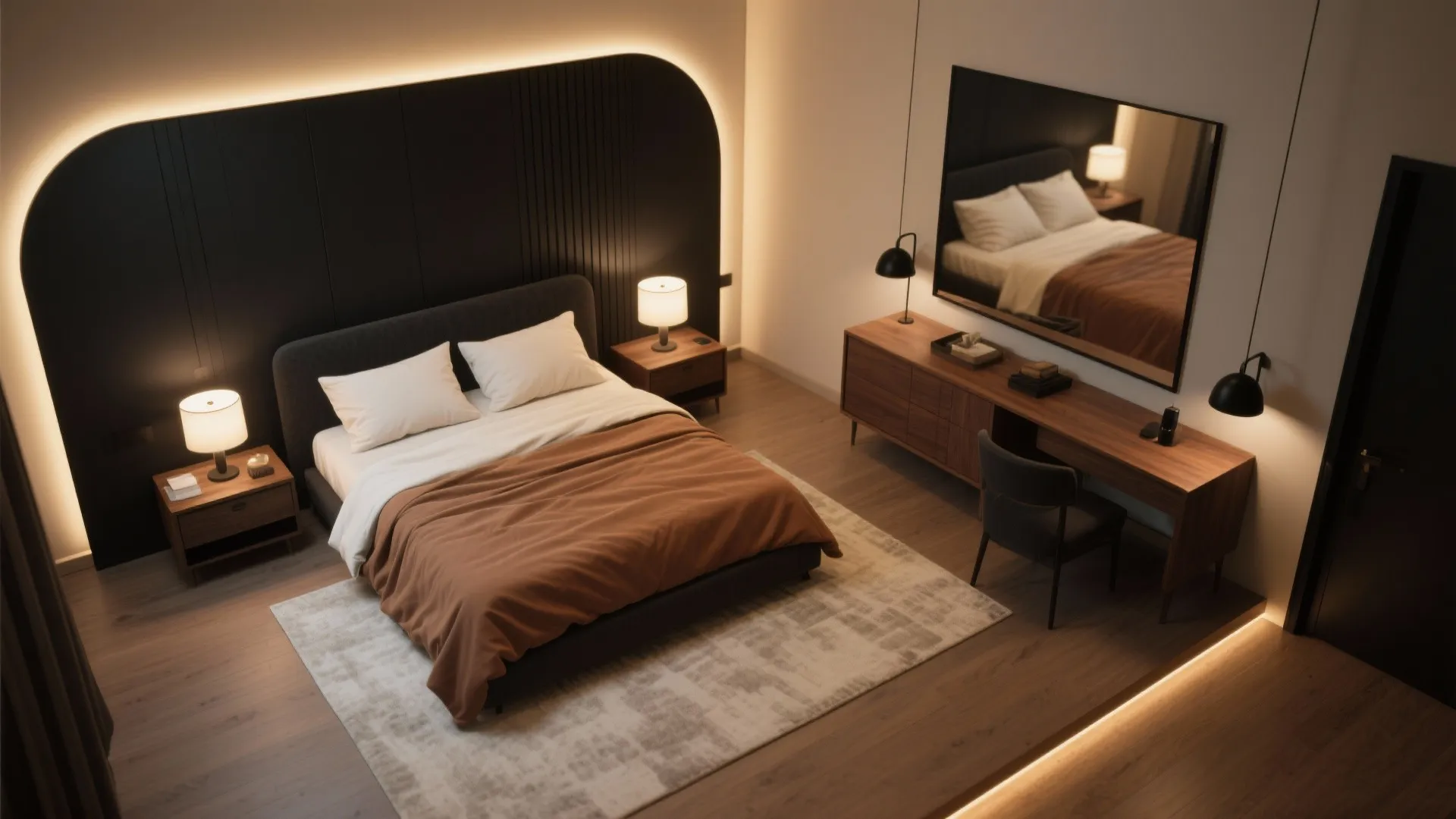 High angle bedroom design with wood floor large mirror dark wall panel and warm lighting
