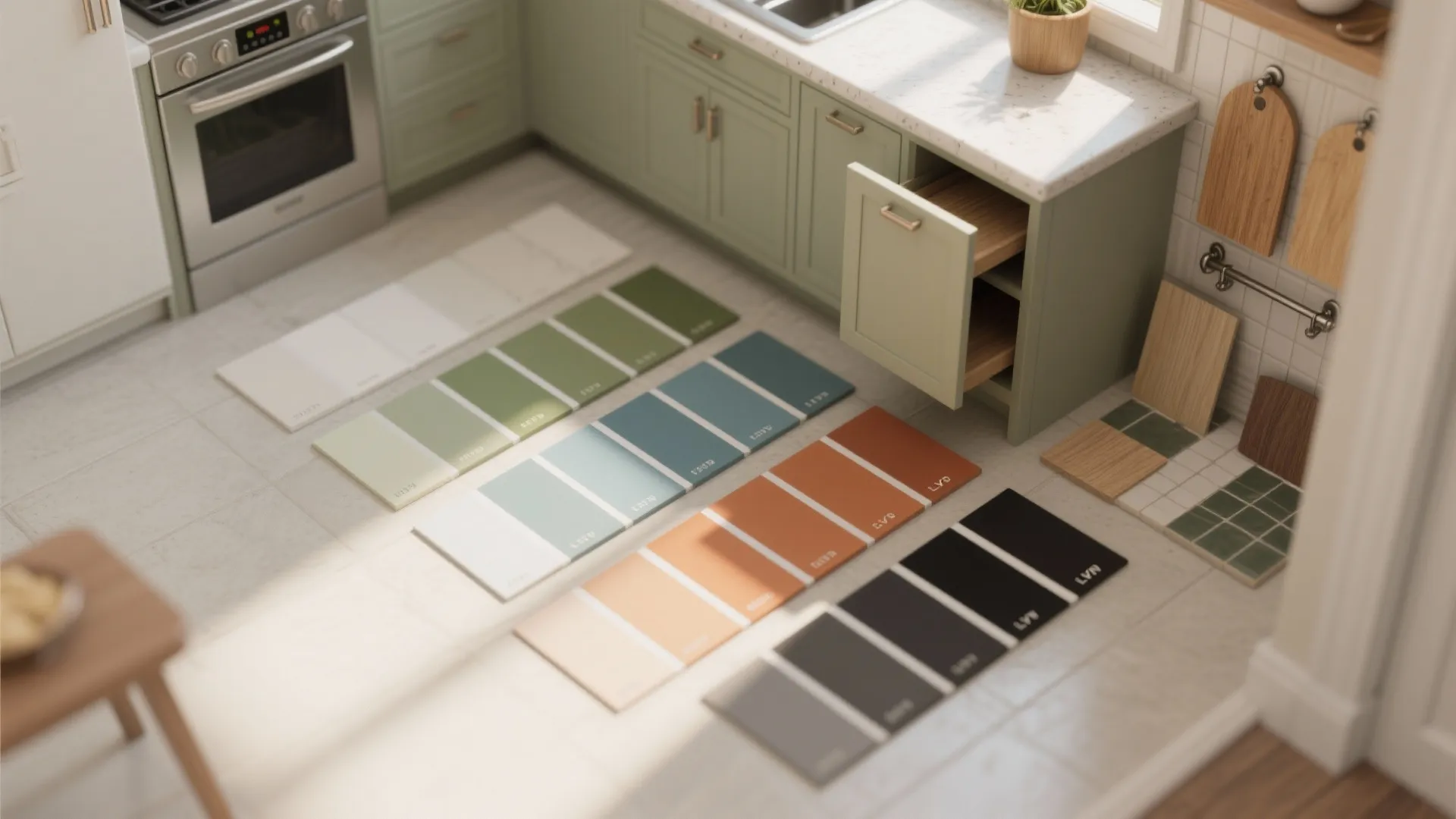 Top down interior design drawing showing kitchen cabinets and different color palettes on the floor