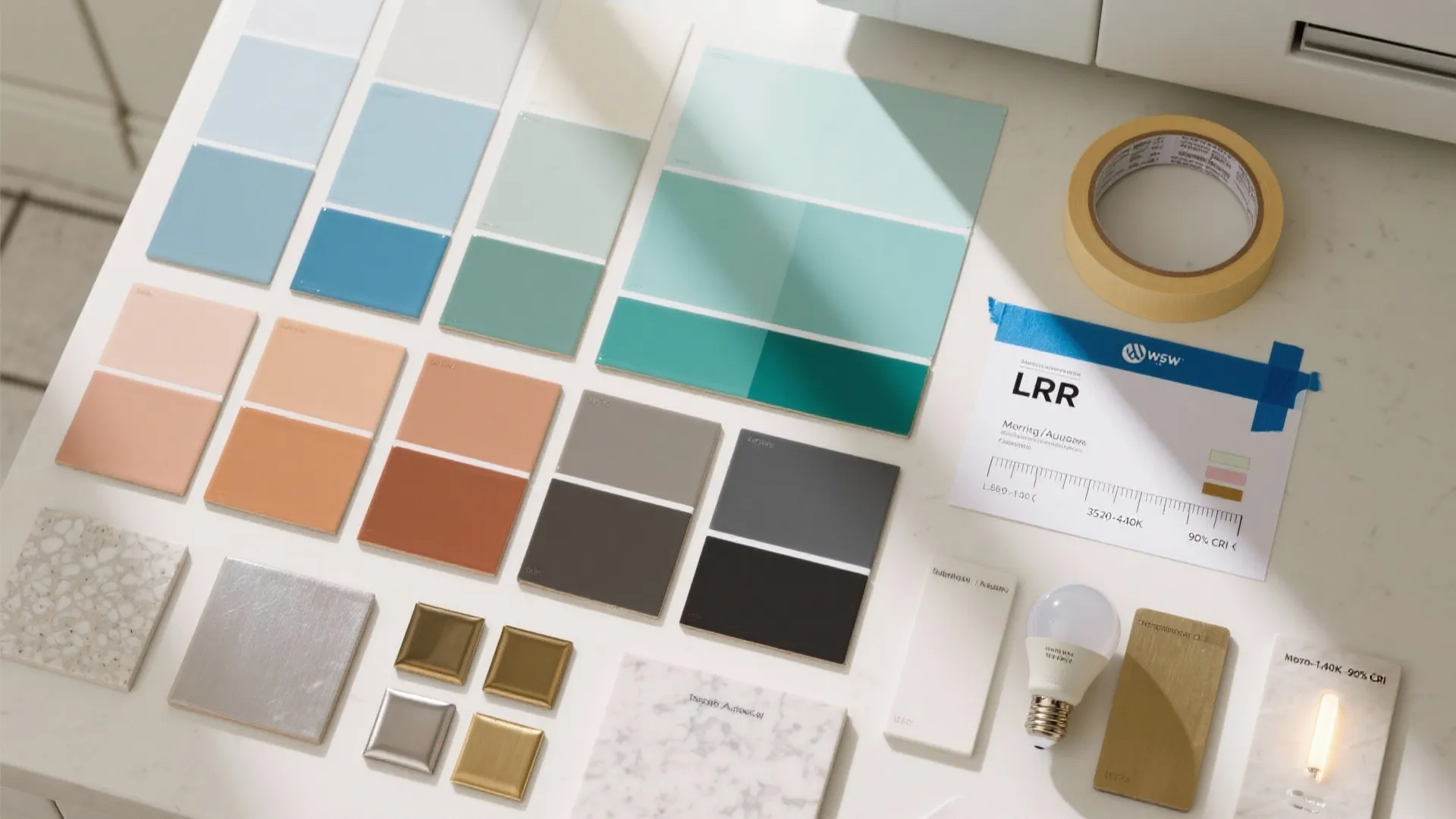 A collection of colorful material samples including paint swatches tiles light bulb and yellow masking tape