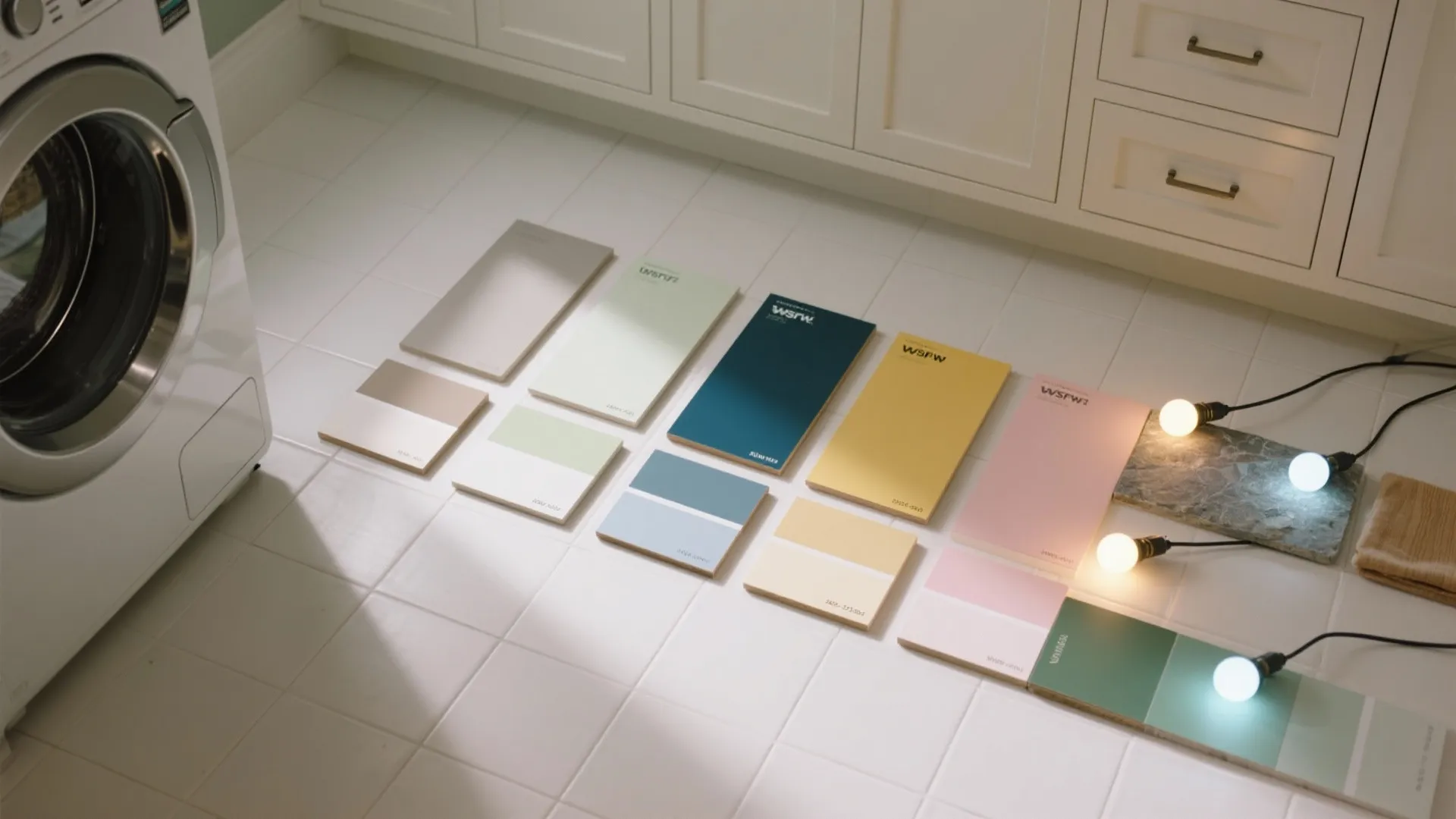 Various color samples laid on white bathroom floor tiles next to a white washing machine