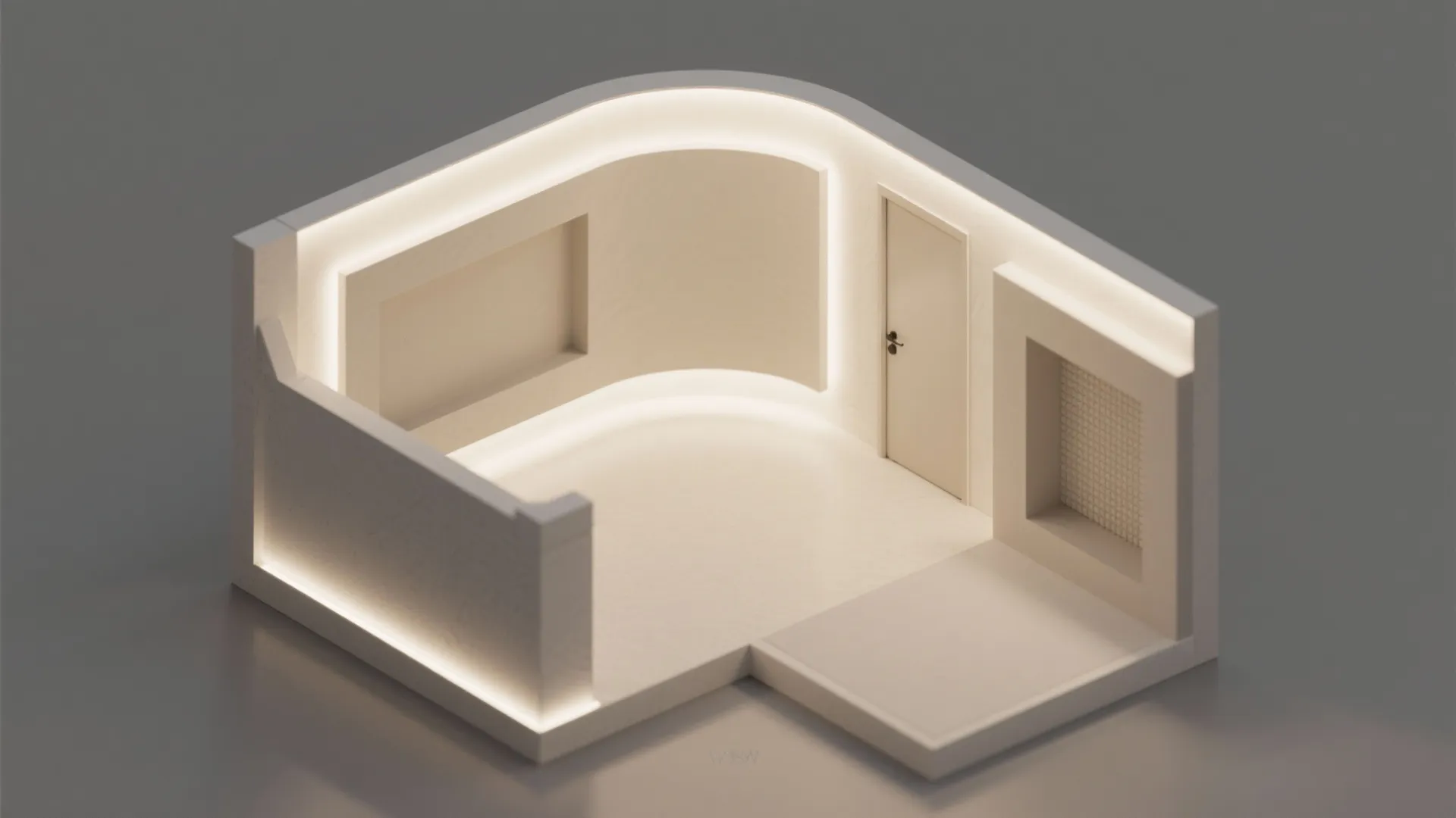 Interior design drawing showing a small room with hidden light strips white walls and door