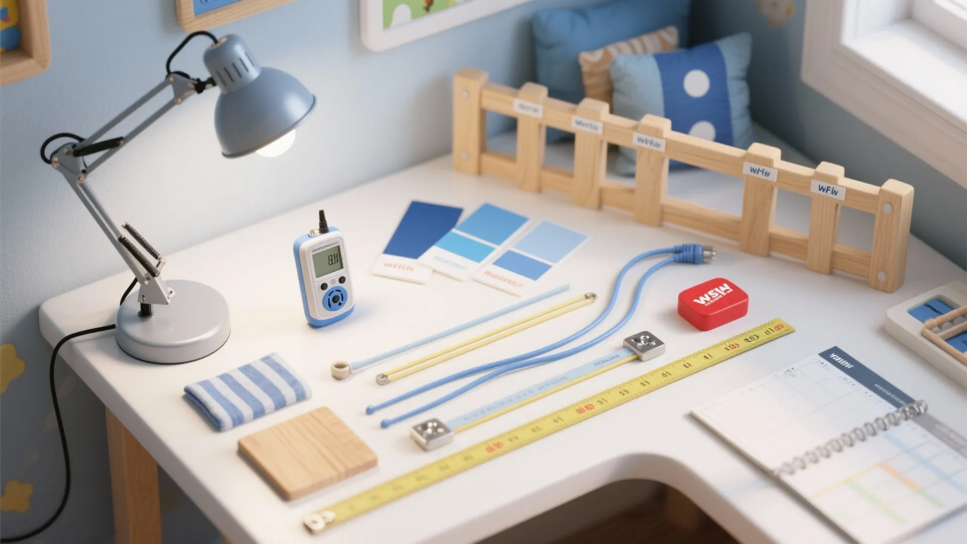 Desk organized with light, color cards, ruler, and interior design drawing tools for creative work