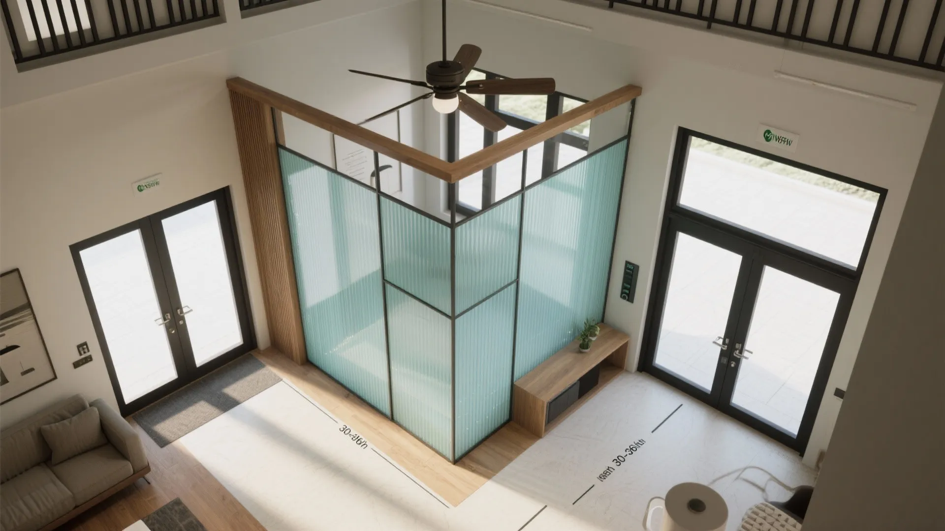 Top down interior design drawing of a room with glass partition ceiling fan and double doors