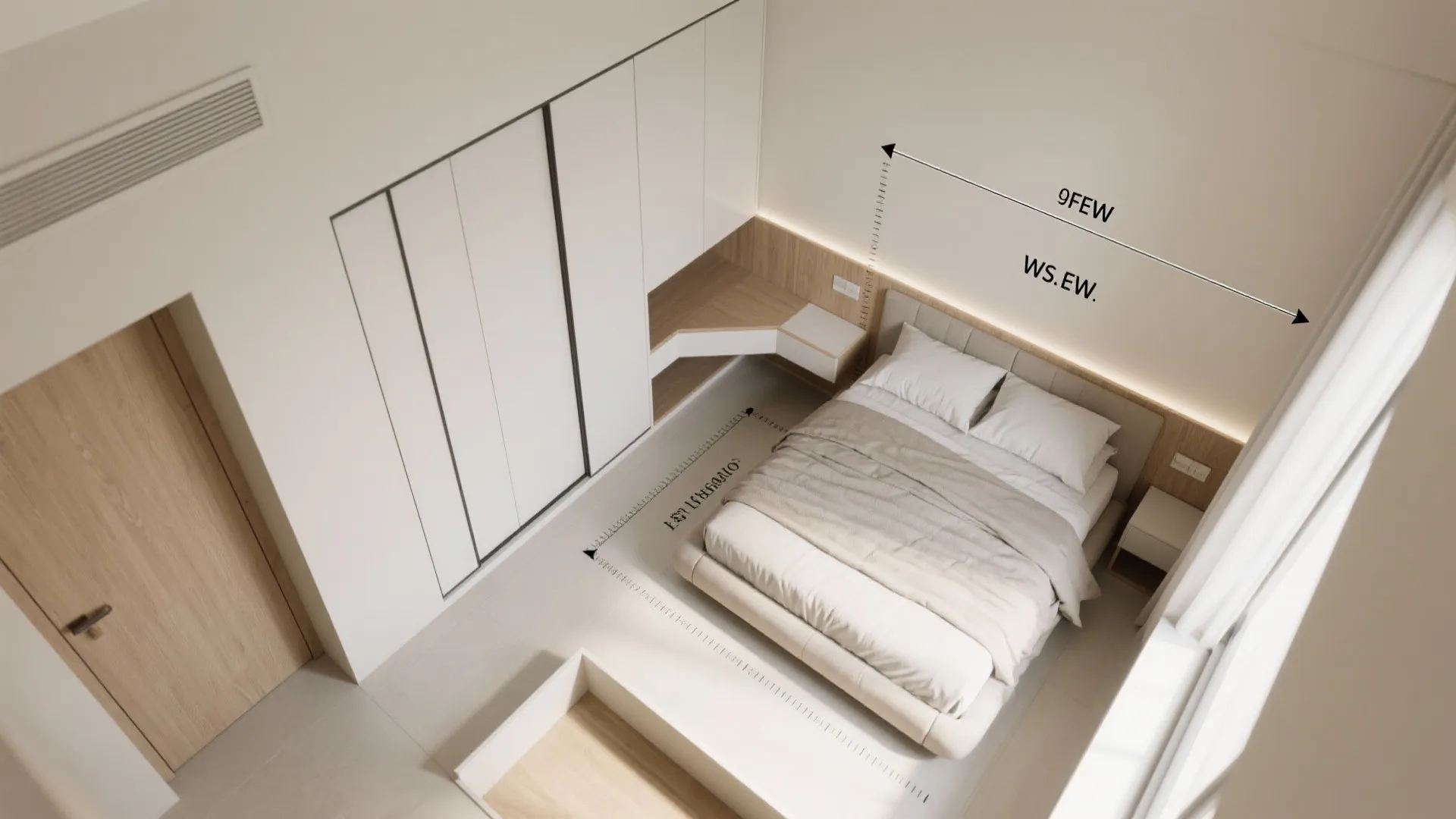 Top down interior design drawing of small bedroom with white bed wardrobe and corner desk