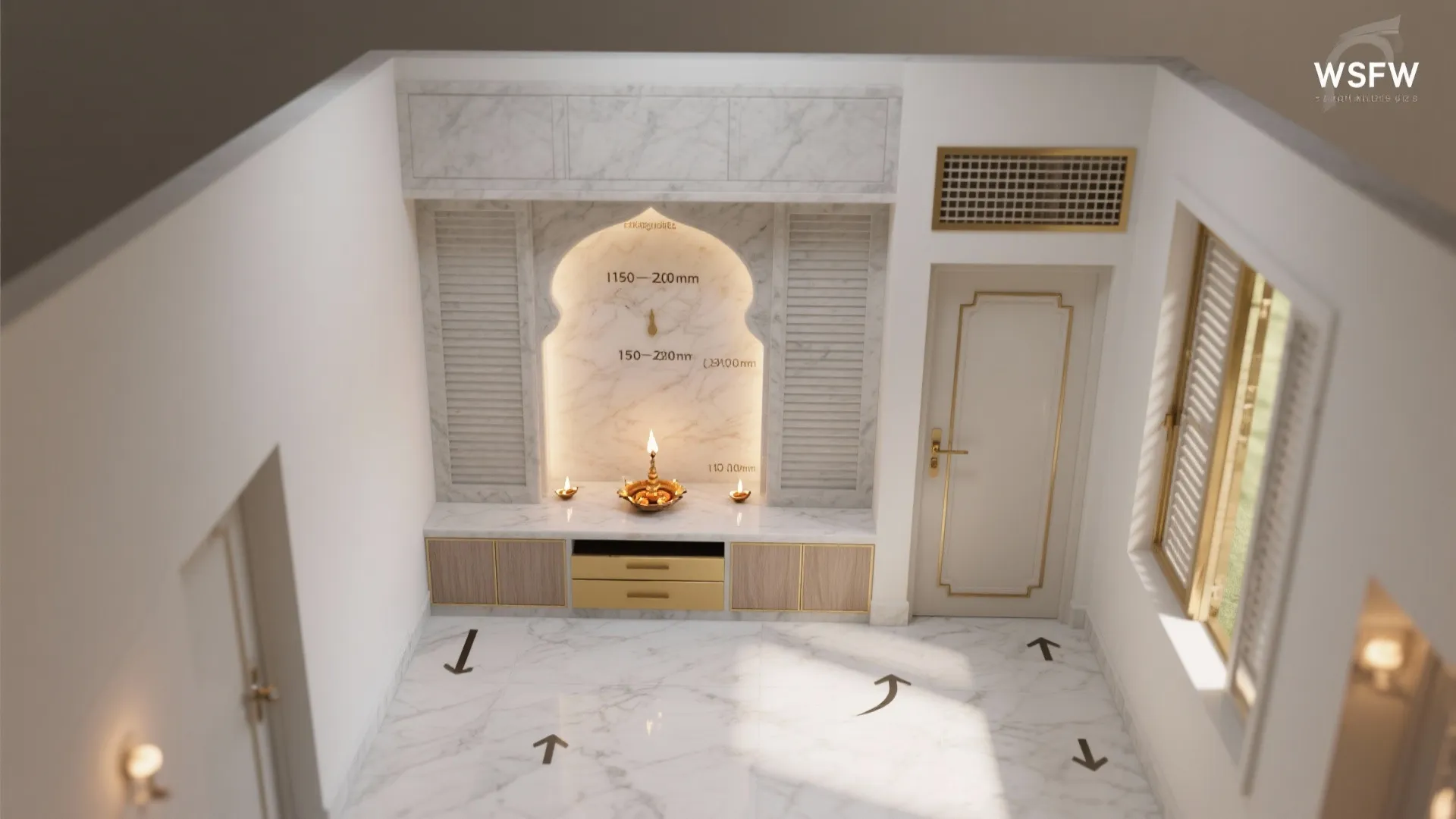 Top view of a marble room layout with measurement markings door windows and a prayer niche