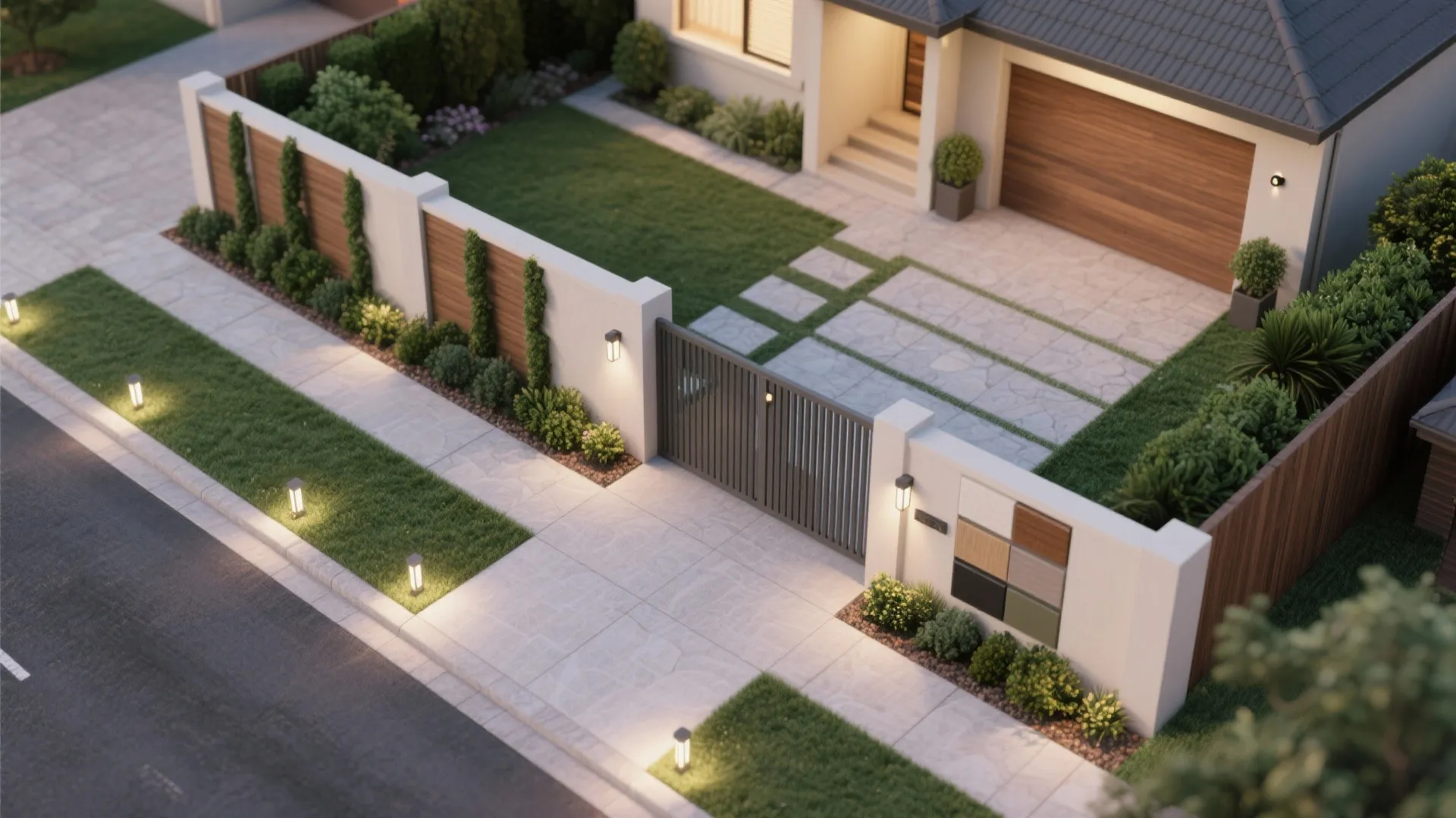 Top view of a modern house front yard with green grass garden and paved stone driveway