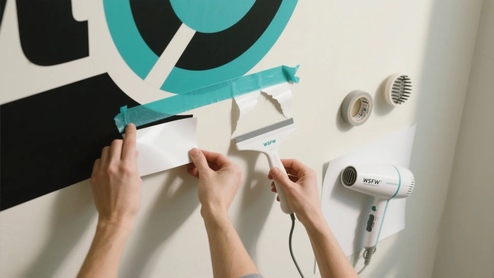 Person applying a wall sticker using a small tool while a hair dryer sits nearby