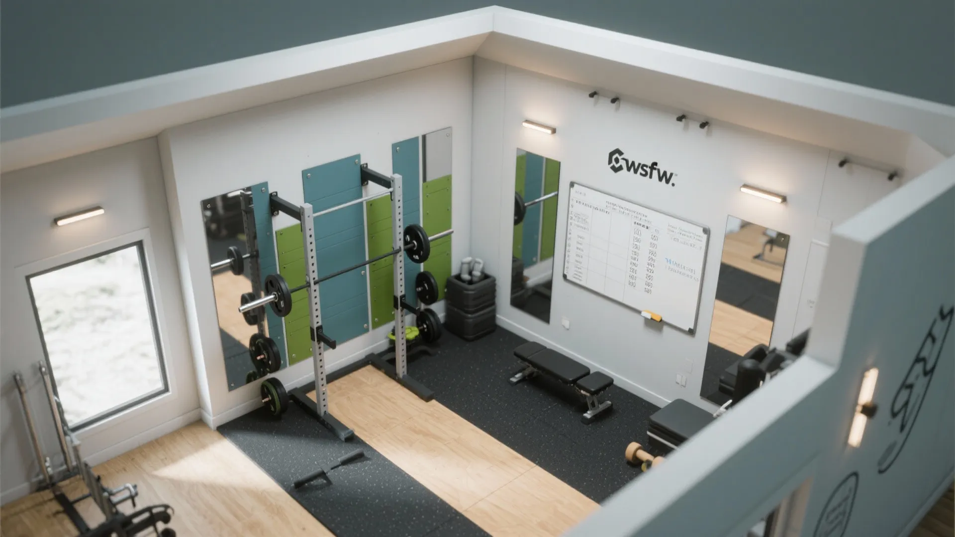 Top down interior design drawing of gym with weight racks mirrors whiteboard and black workout mats