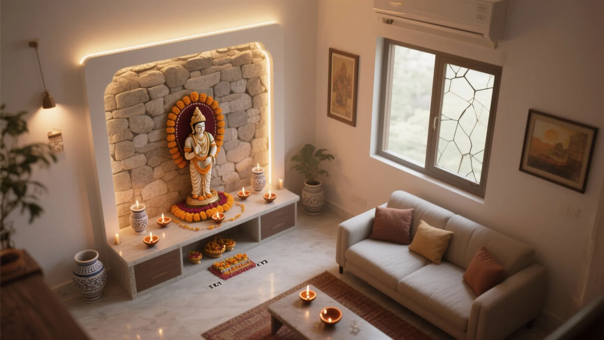 Modern living room featuring a stone wall prayer area with a statue, sofa, and candles