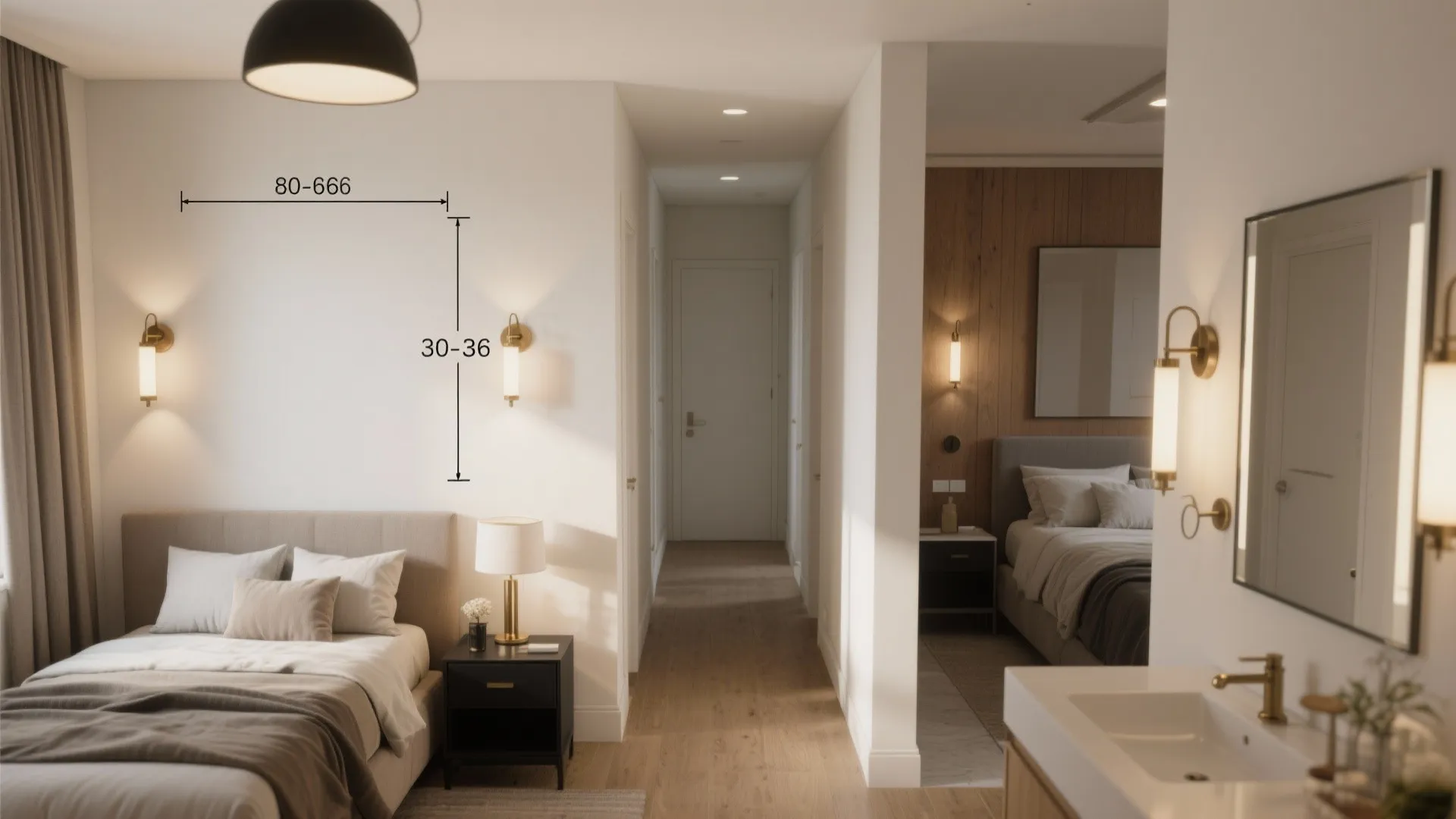 Top-down composite of rooms illustrating recommended wall sconce placements.