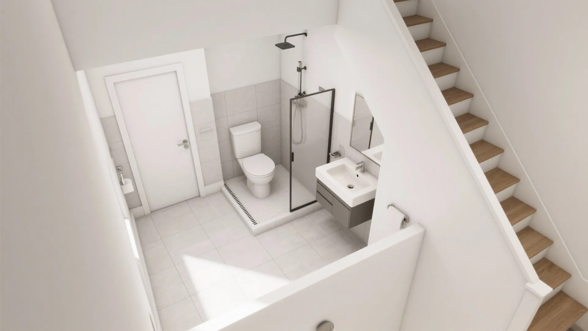 Interior design drawing showing top view of small bathroom with toilet shower sink and wooden stairs