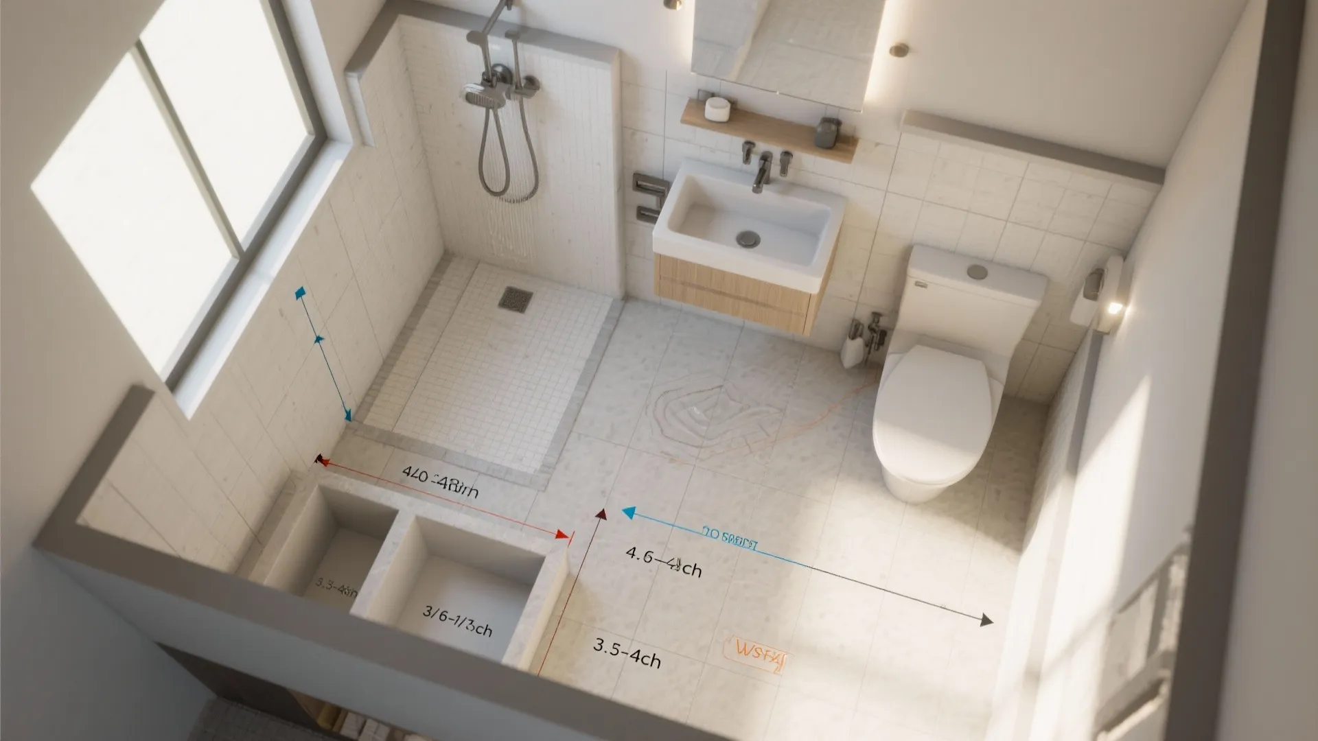 Modern bathroom top view showing shower area toilet sink and floor plan layout with measurements