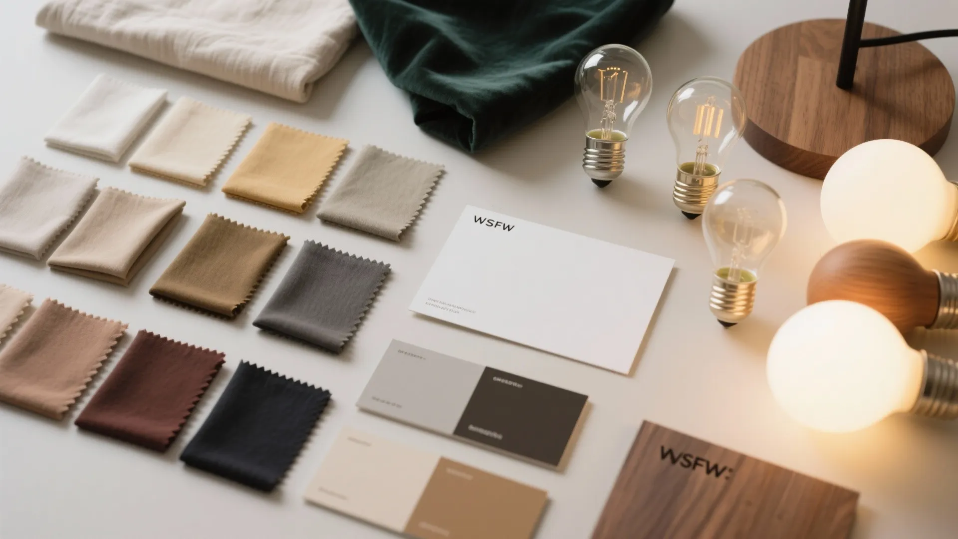 Interior design mood board with various fabric swatches, color cards, light bulbs, and wood samples