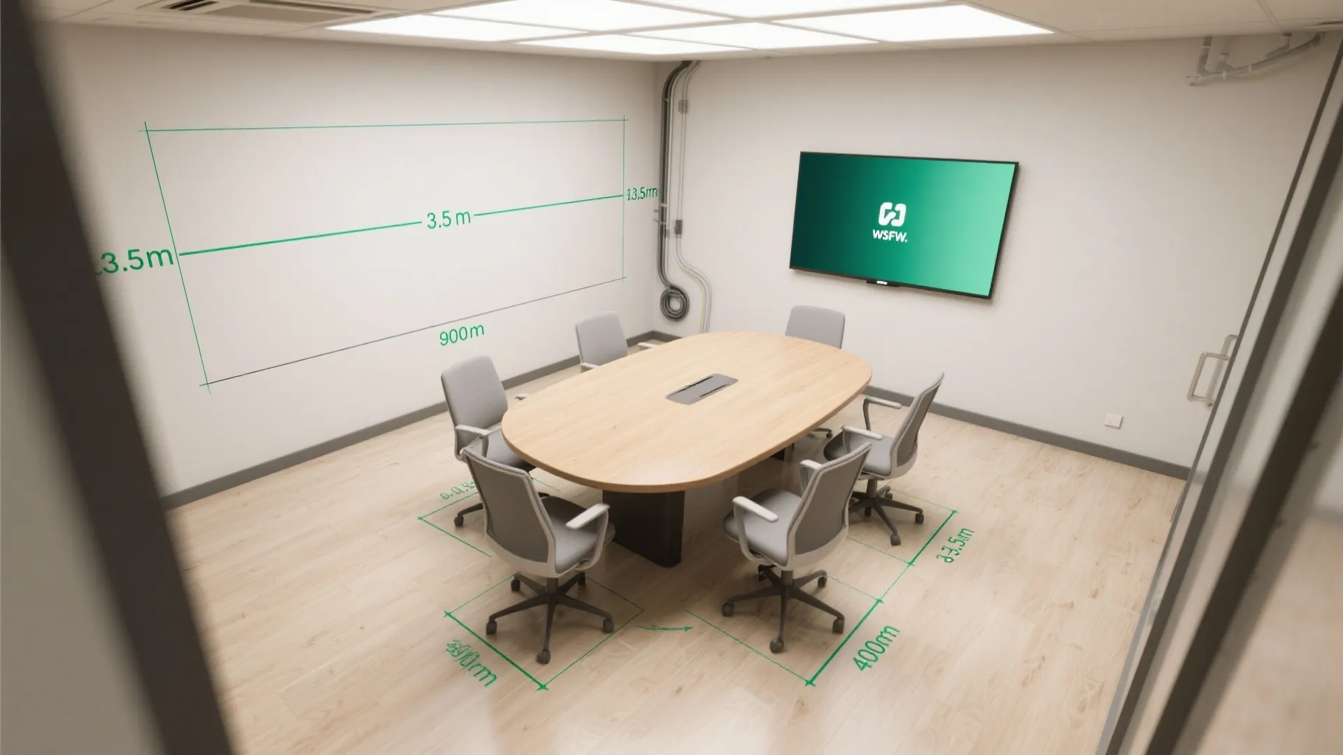 Meeting room interior design drawing with wooden table grey chairs wall monitor and green measurement lines