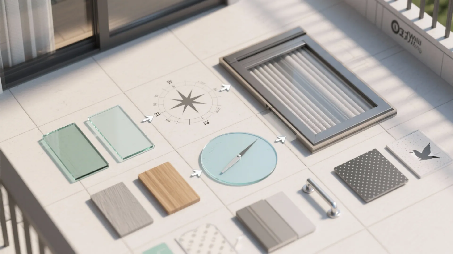 Top view of interior design material samples including glass wood metal and a small window