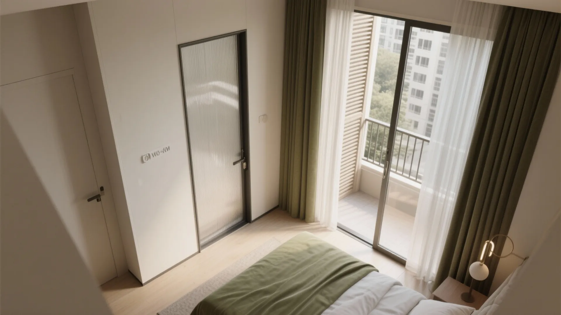 Top-down view of a modern bedroom with green bedding, glass balcony doors, and wooden floors