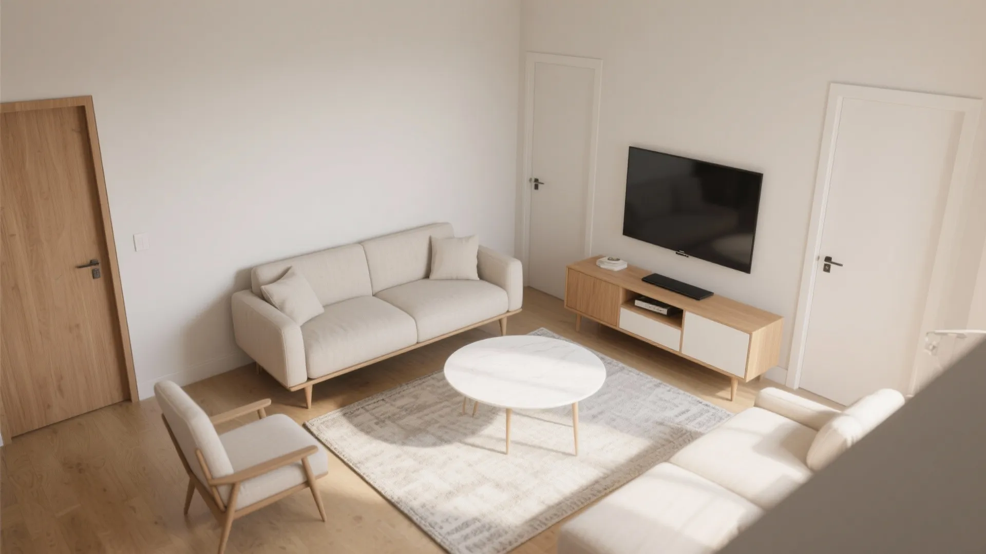 Interior design drawing showing top down view of living room with sofa armchair and television