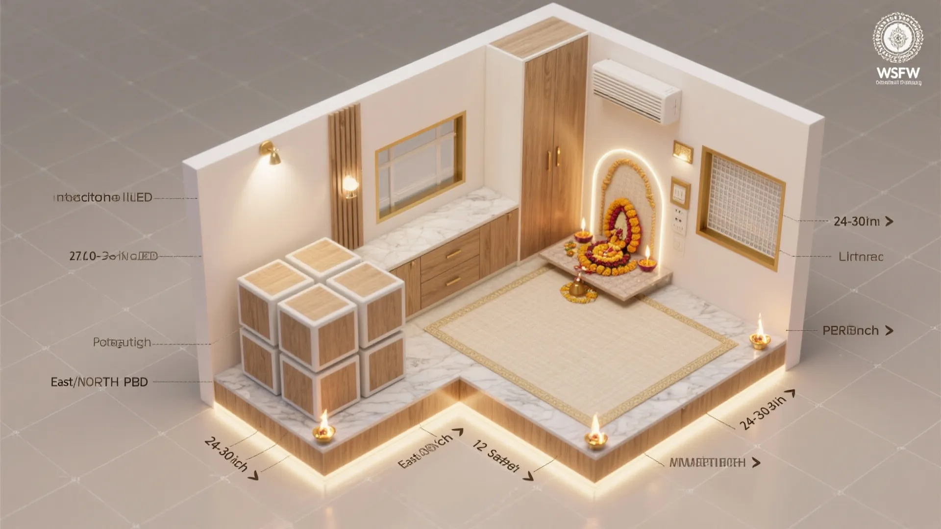 Interior design drawing showing a prayer room layout with cabinet, rug, wardrobe, and ceiling light