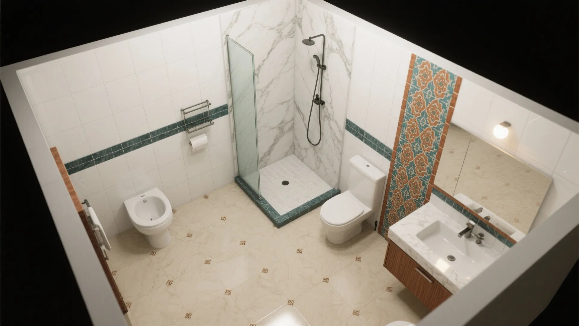 Modern bathroom interior design drawing with glass shower white toilet sink cabinet and beige floor