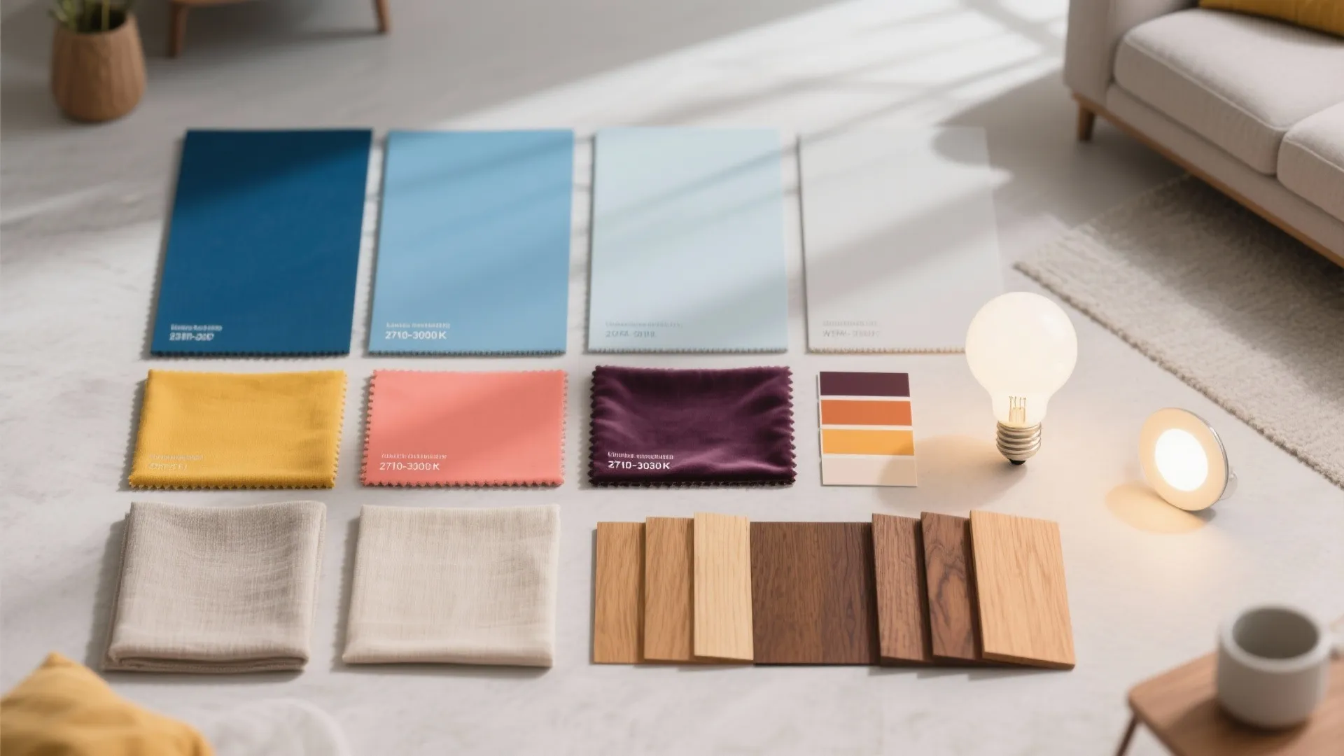 Interior design material board with colorful fabric swatches wood floor samples and a light bulb