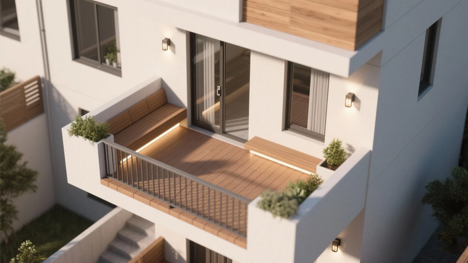 Top down view of modern white building balcony with wooden floor and lit wooden bench seat