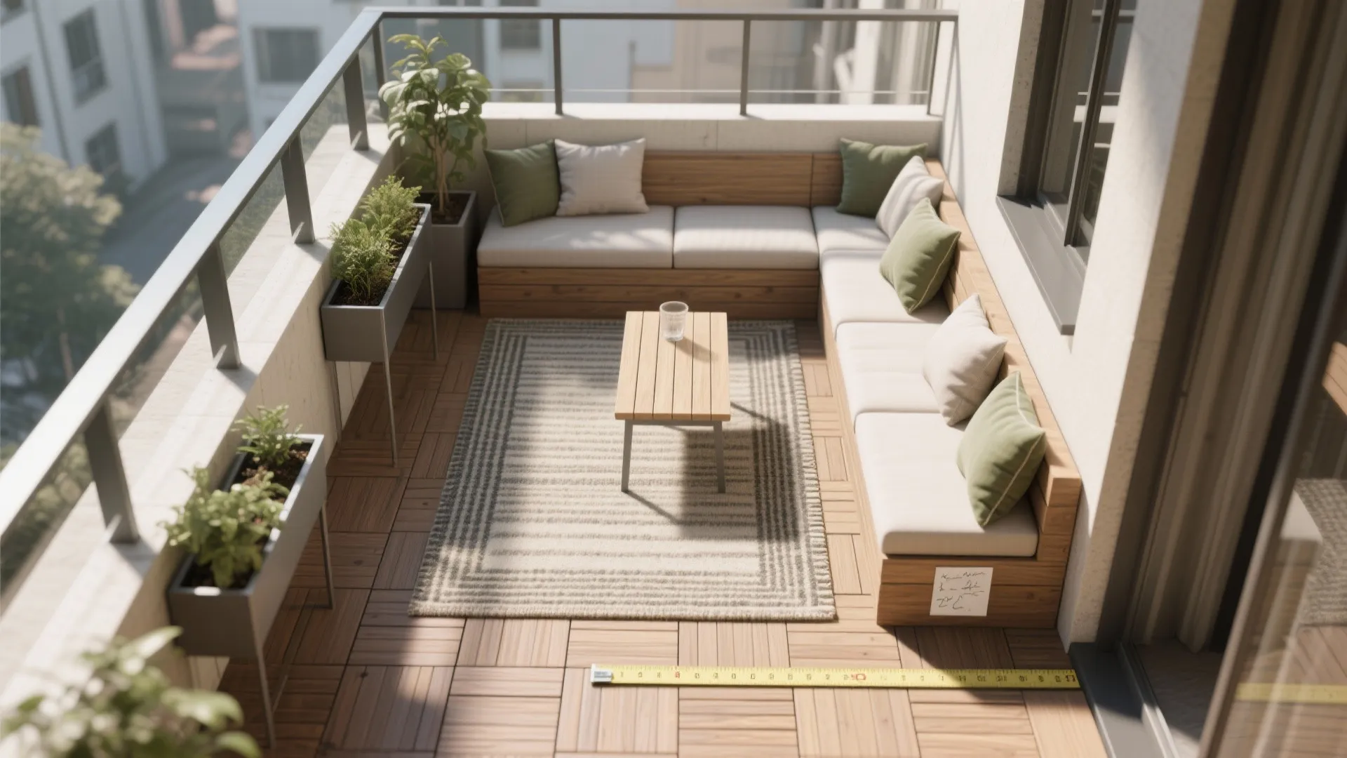 Top view of balcony layout with corner sofa wooden coffee table floor rug and measuring tape