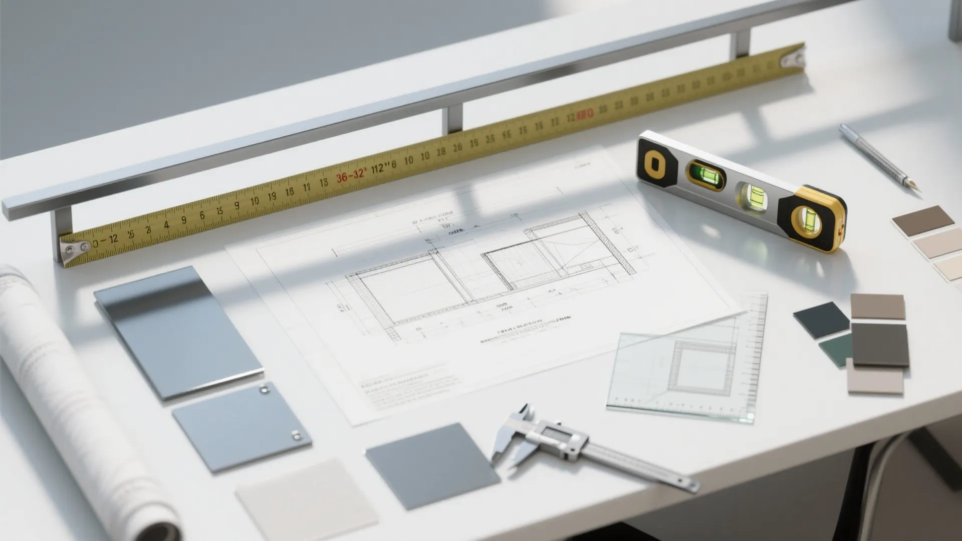 Interior design drawing on a white table with a measuring tape level and color samples