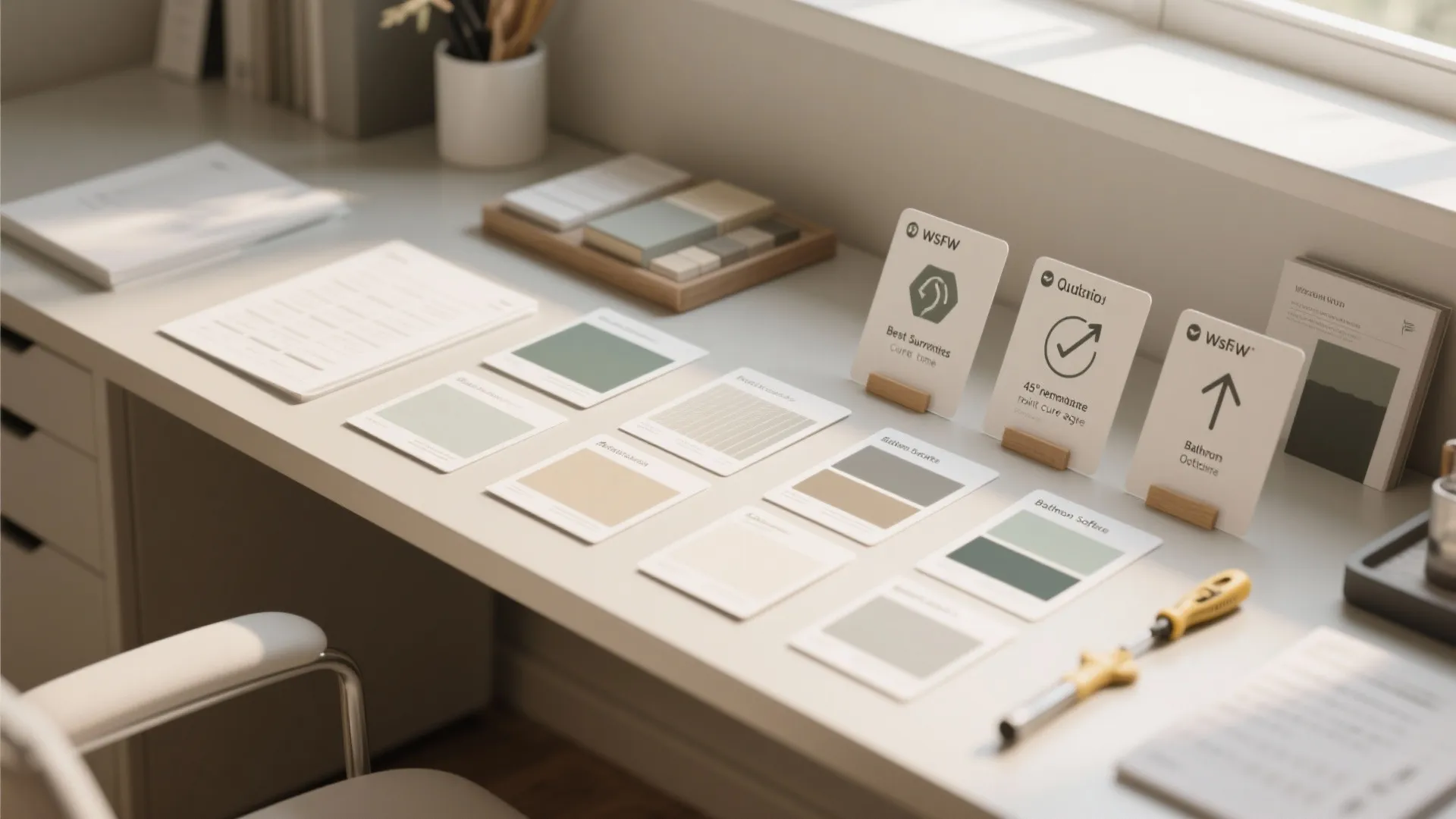 Top-down scene with FAQ cards and samples showing surfaces, cure time, removal angle, and moisture-safe options