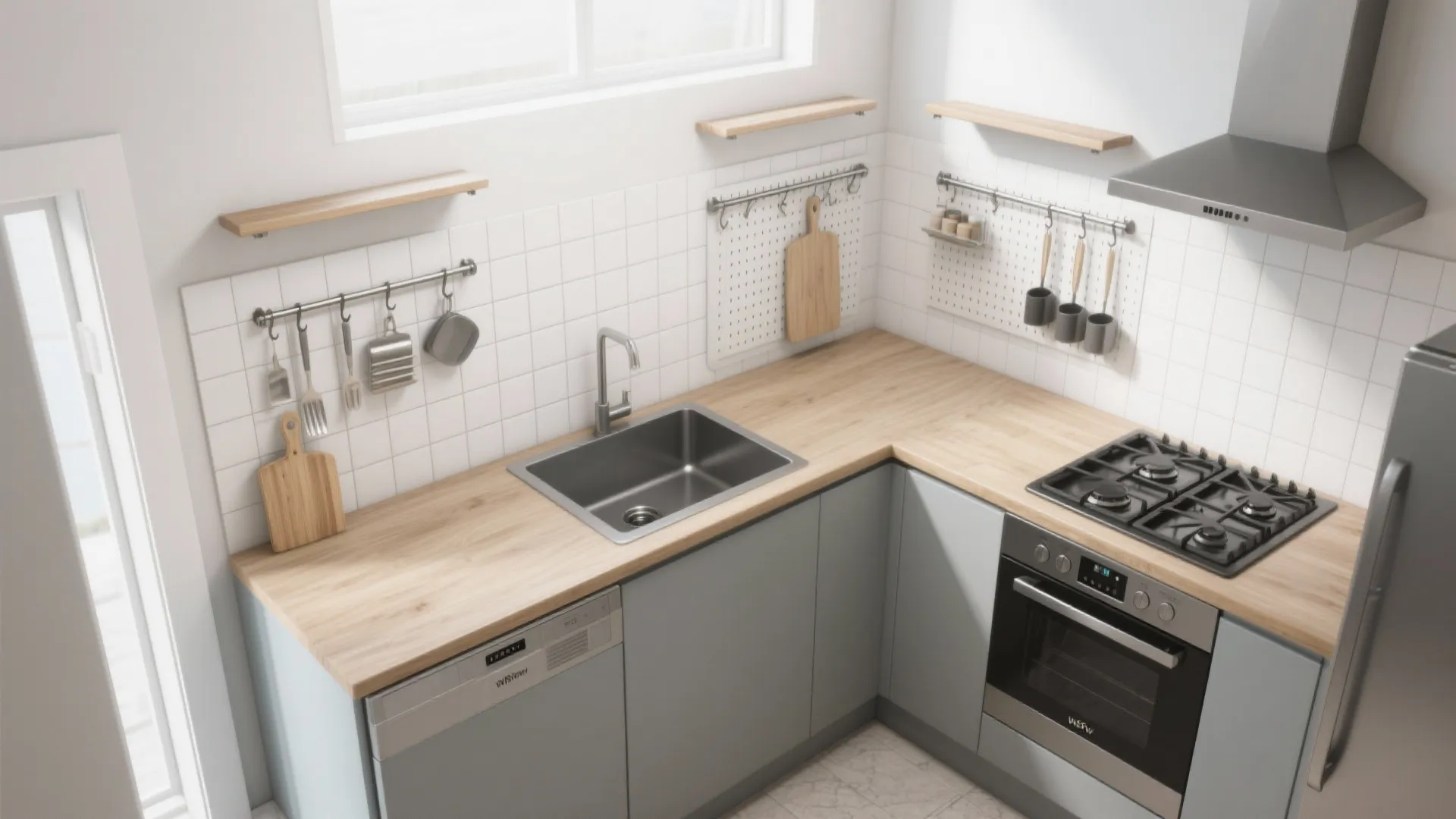 Top view of small L-shaped kitchen layout with wood countertop, white tiles, and grey cabinets