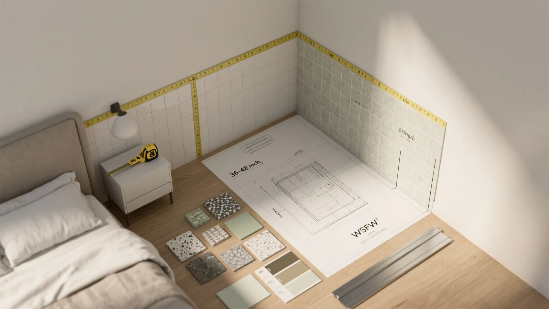 Top down view bedroom floor plan with measuring tape material samples and white wall tiles