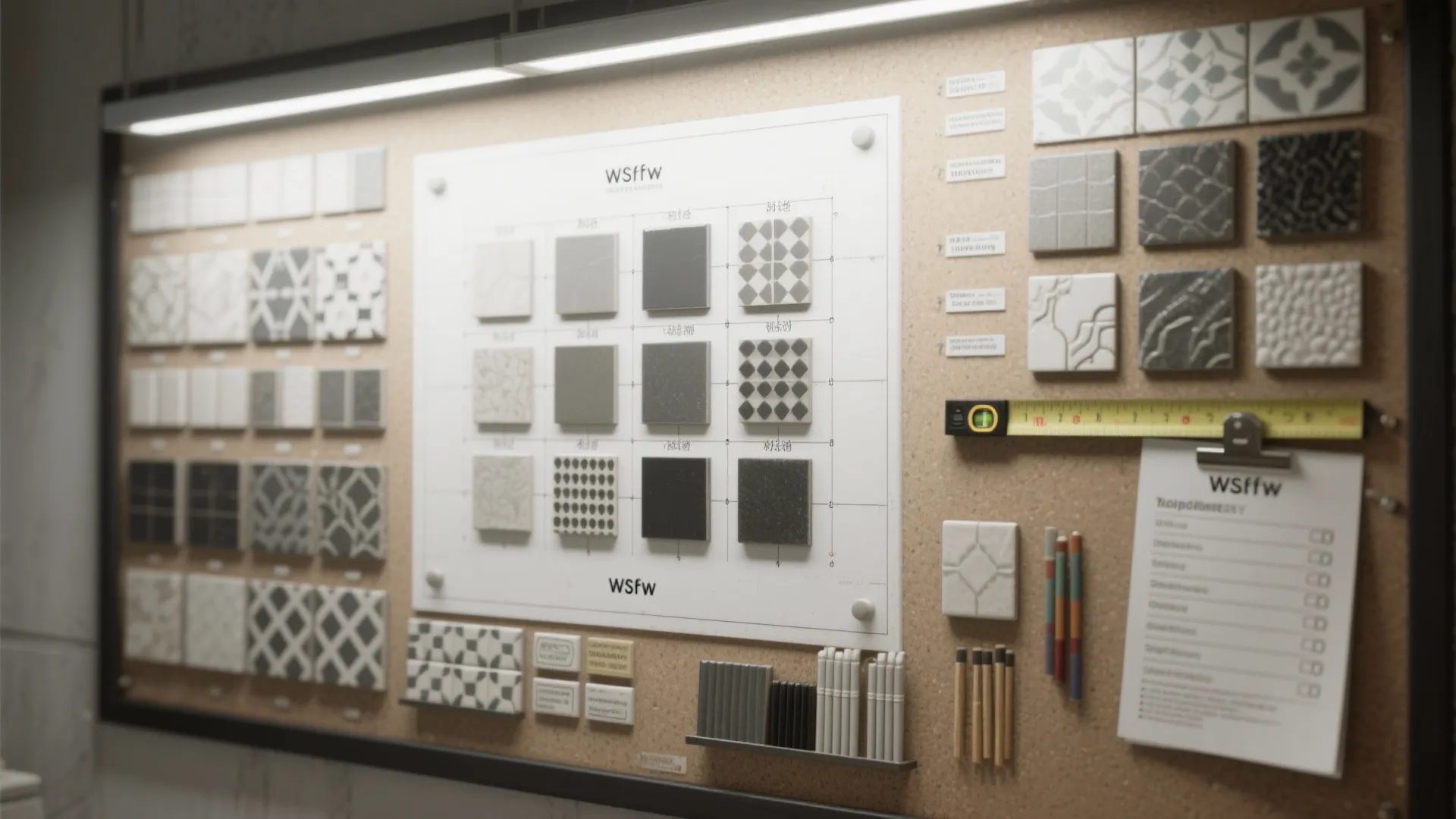 Top-down gallery wall tiles planning board with swatches, grout samples, tape measure, level, and checklist.
