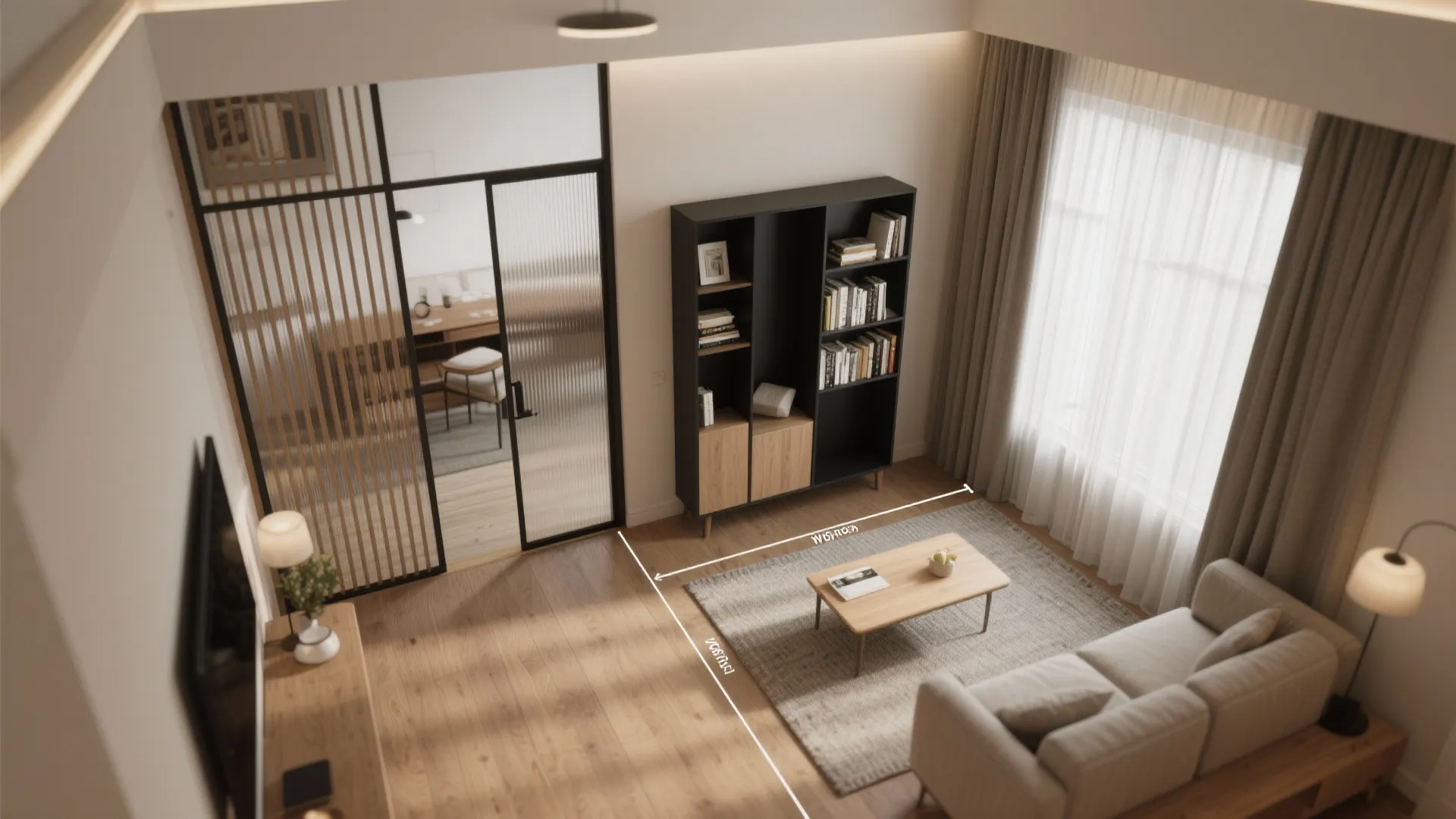 Top-down plan of living room showing partitions and a 36 inch clear walkway dimension for circulation.