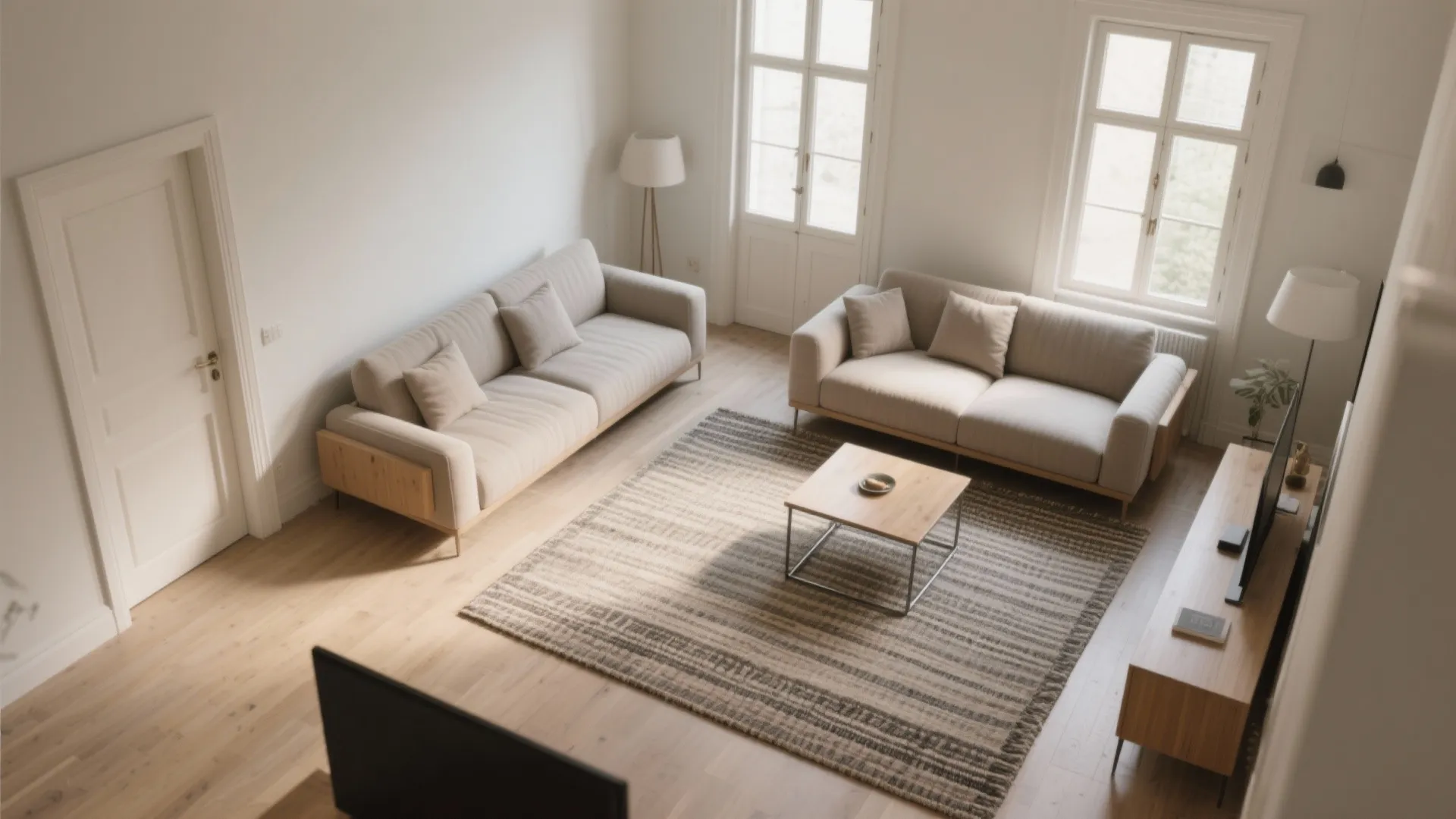 Top down view of living room with two beige sofas striped rug and wooden furniture