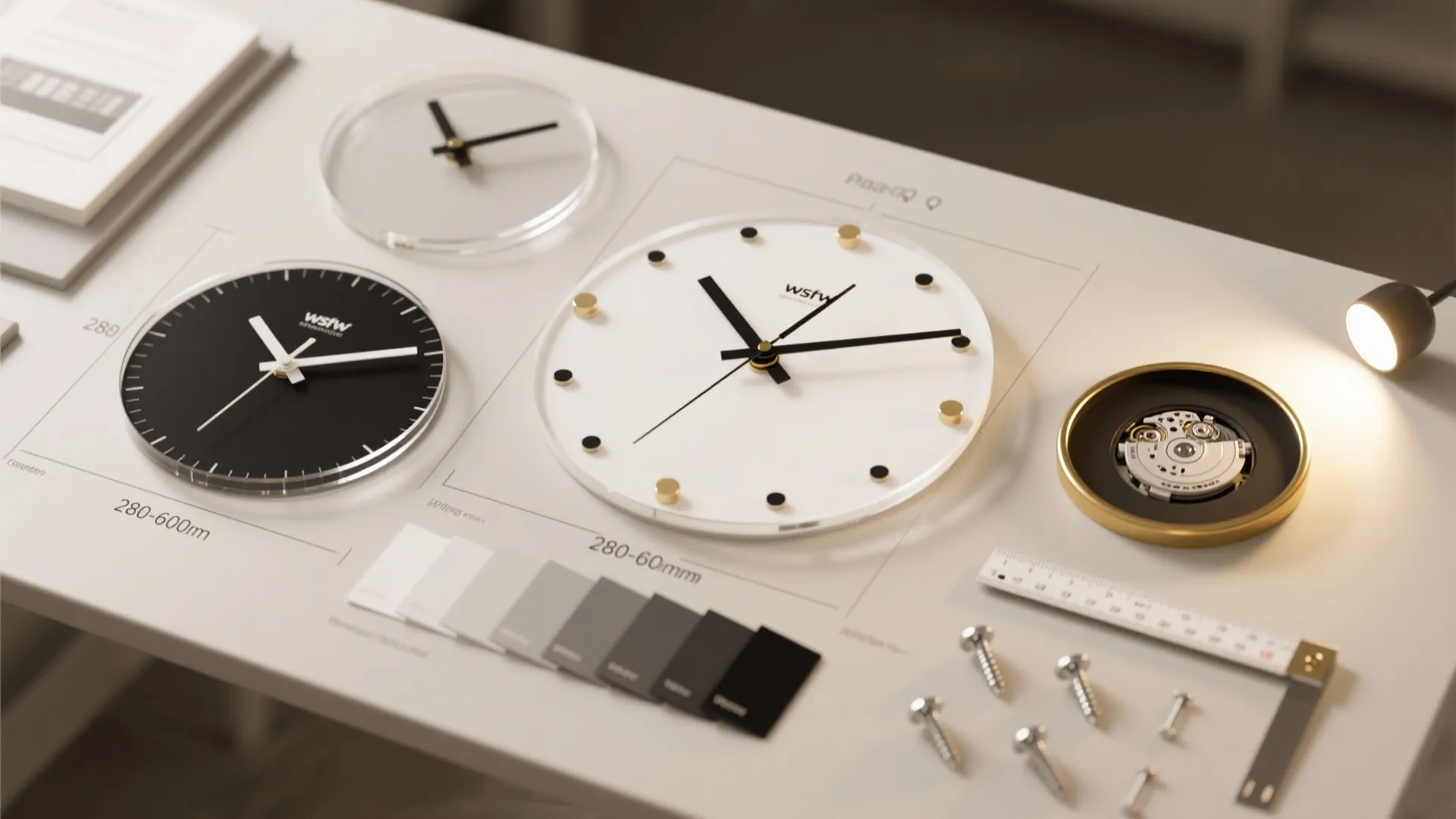 Top view of wall clock design components including faces rulers screws and small light fixture