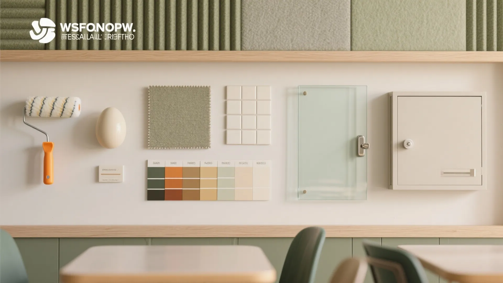 Interior design mood board with paint roller fabric samples color palette tiles and glass cabinet door