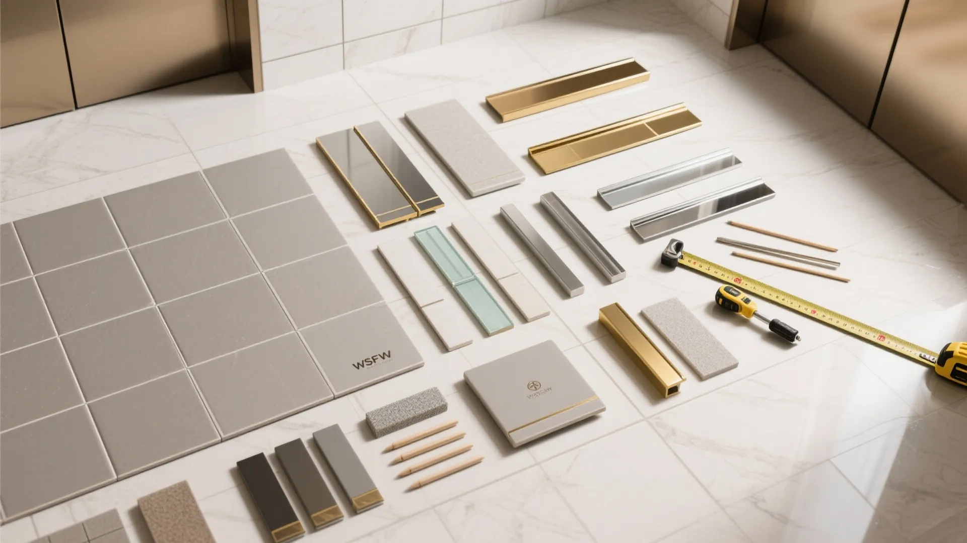 Interior design material samples including grey tiles metal strips pencils and tape measure on floor