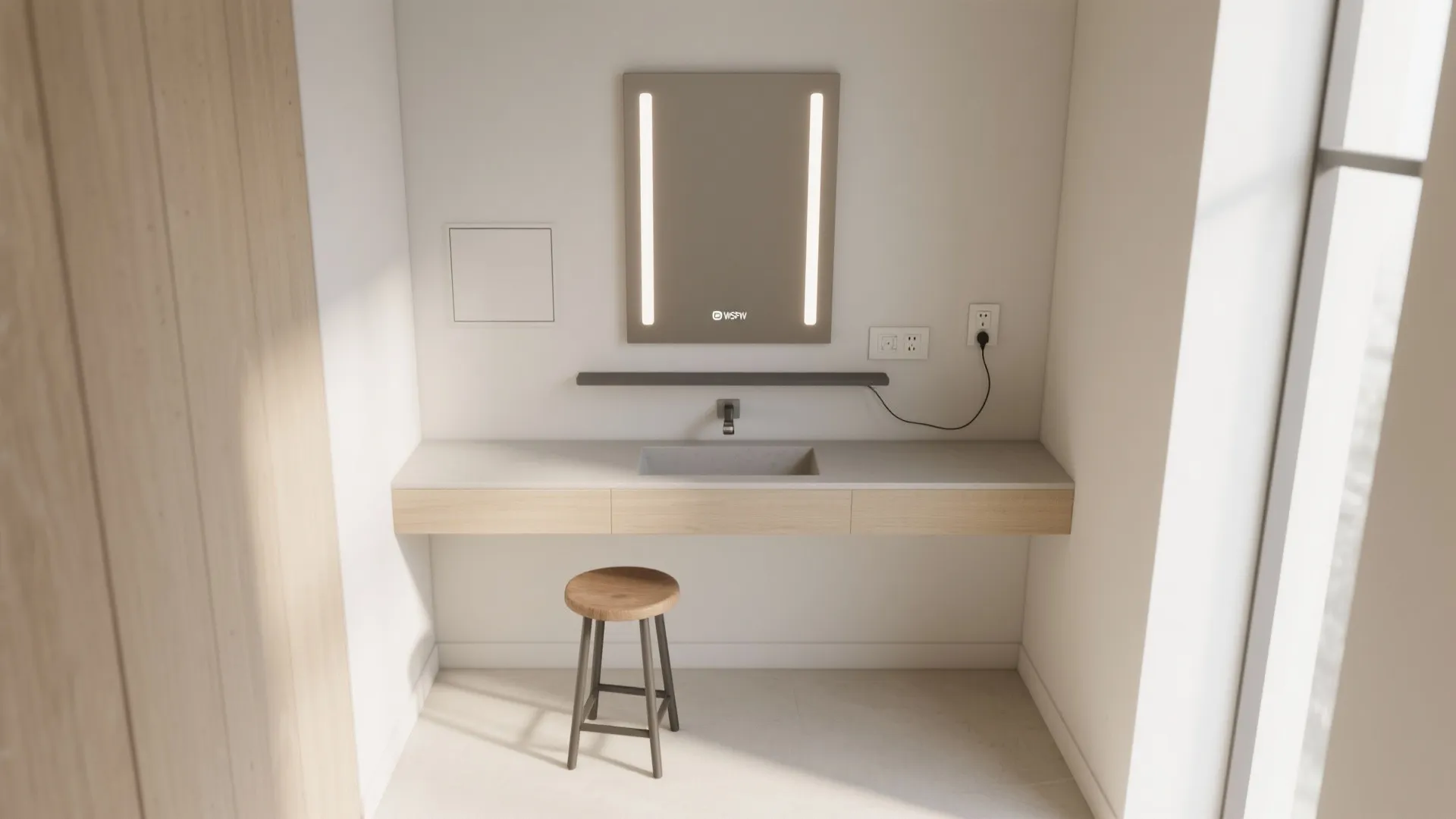 Minimalist bathroom sink area with a light wood counter mirror and a single wooden stool