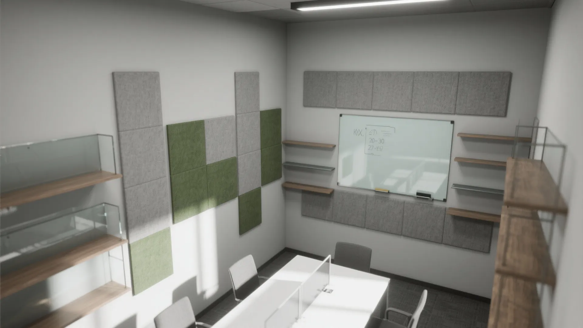 Small meeting room with grey green wall panels glass whiteboard white desk and wooden shelves